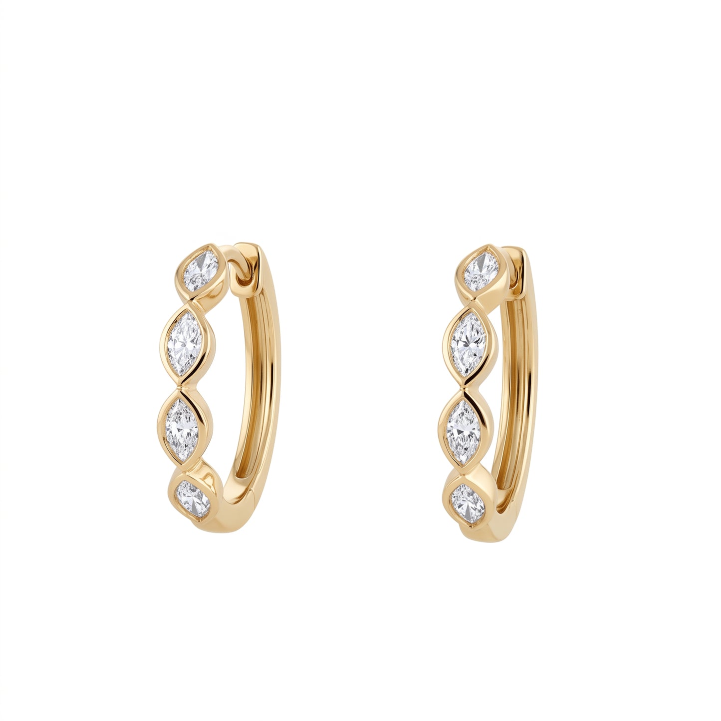 18k yellow gold eight marquise diamond bezel-set hoop earrings, white background