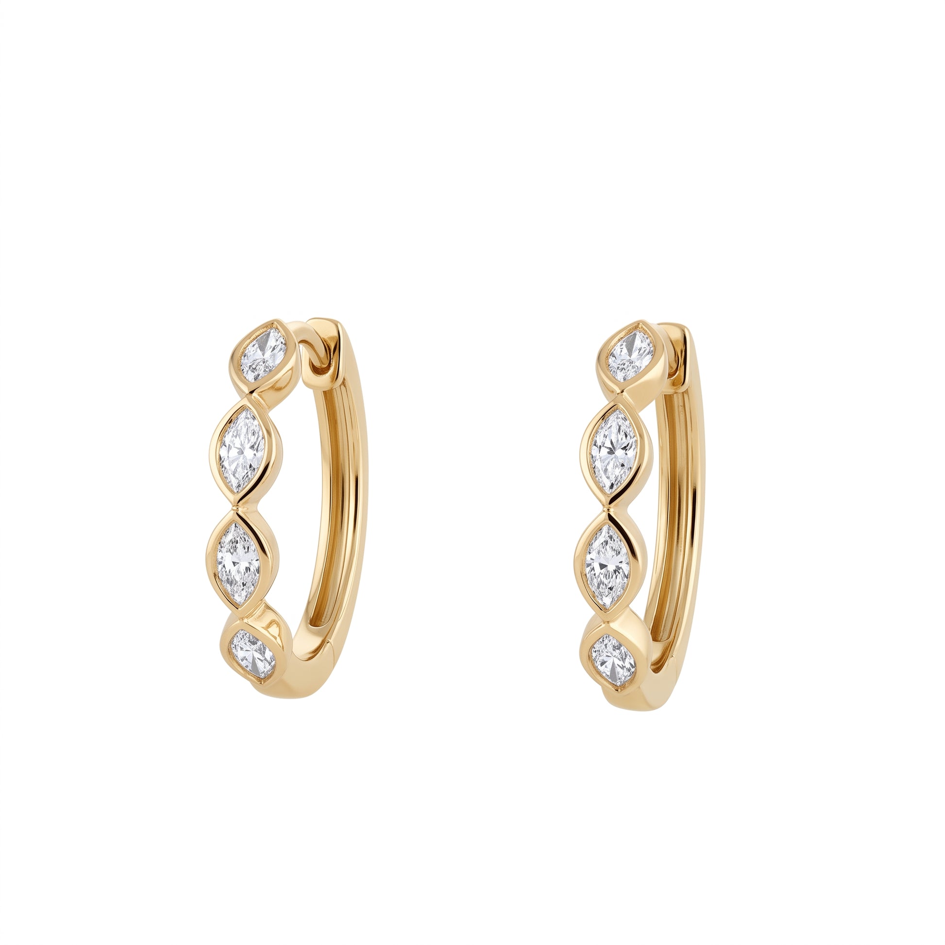 18k yellow gold eight marquise diamond bezel-set hoop earrings, white background