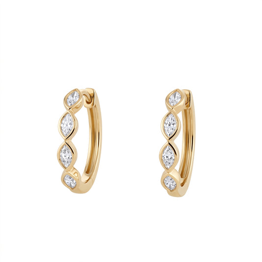 18k yellow gold eight marquise diamond bezel-set hoop earrings, white background