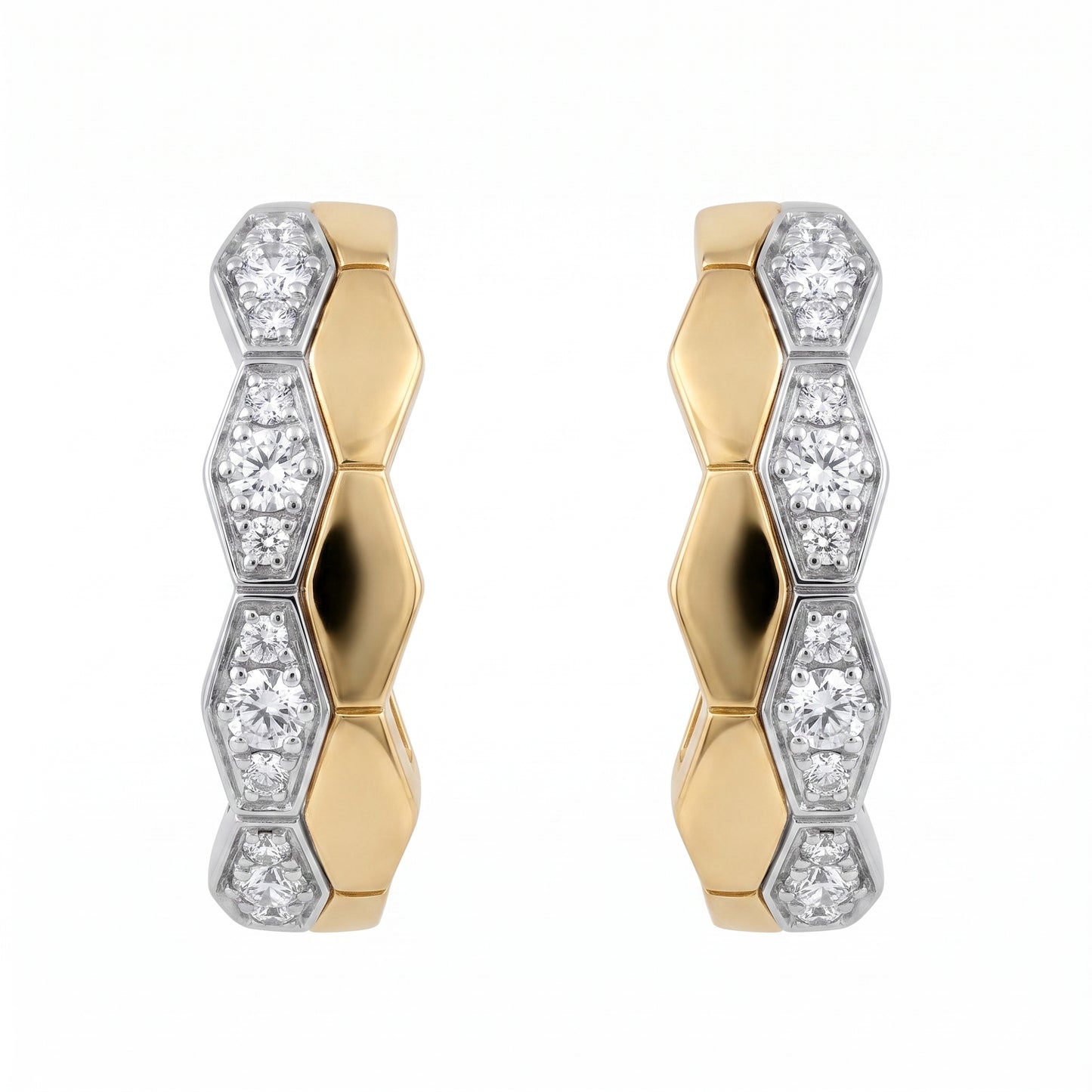 Honeycomb Diamond Hoop Earrings - 18k two-tone yellow and white gold hexagonal honeycomb hoops set with 24 round diamonds