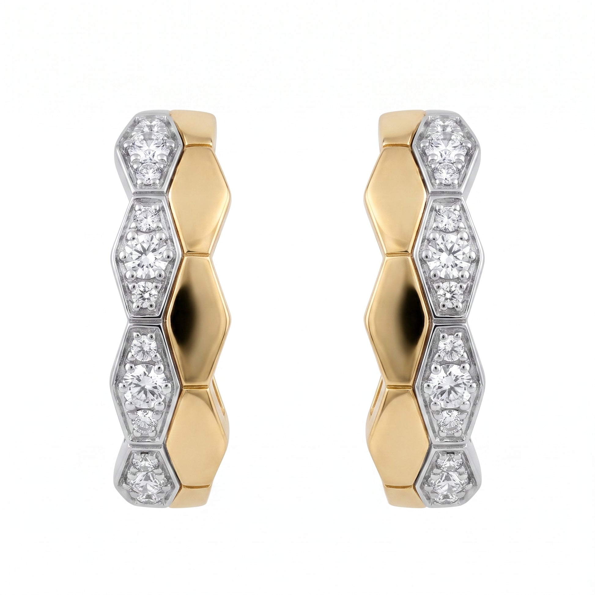 Honeycomb Diamond Hoop Earrings - 18k two-tone yellow and white gold hexagonal honeycomb hoops set with 24 round diamonds