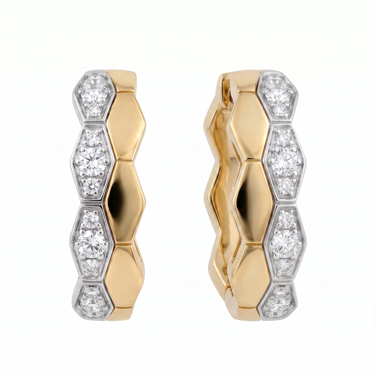 Honeycomb Diamond Hoop Earrings - front and profile view showing the two-tone 18k yellow and white gold hexagonal segments and pave diamonds