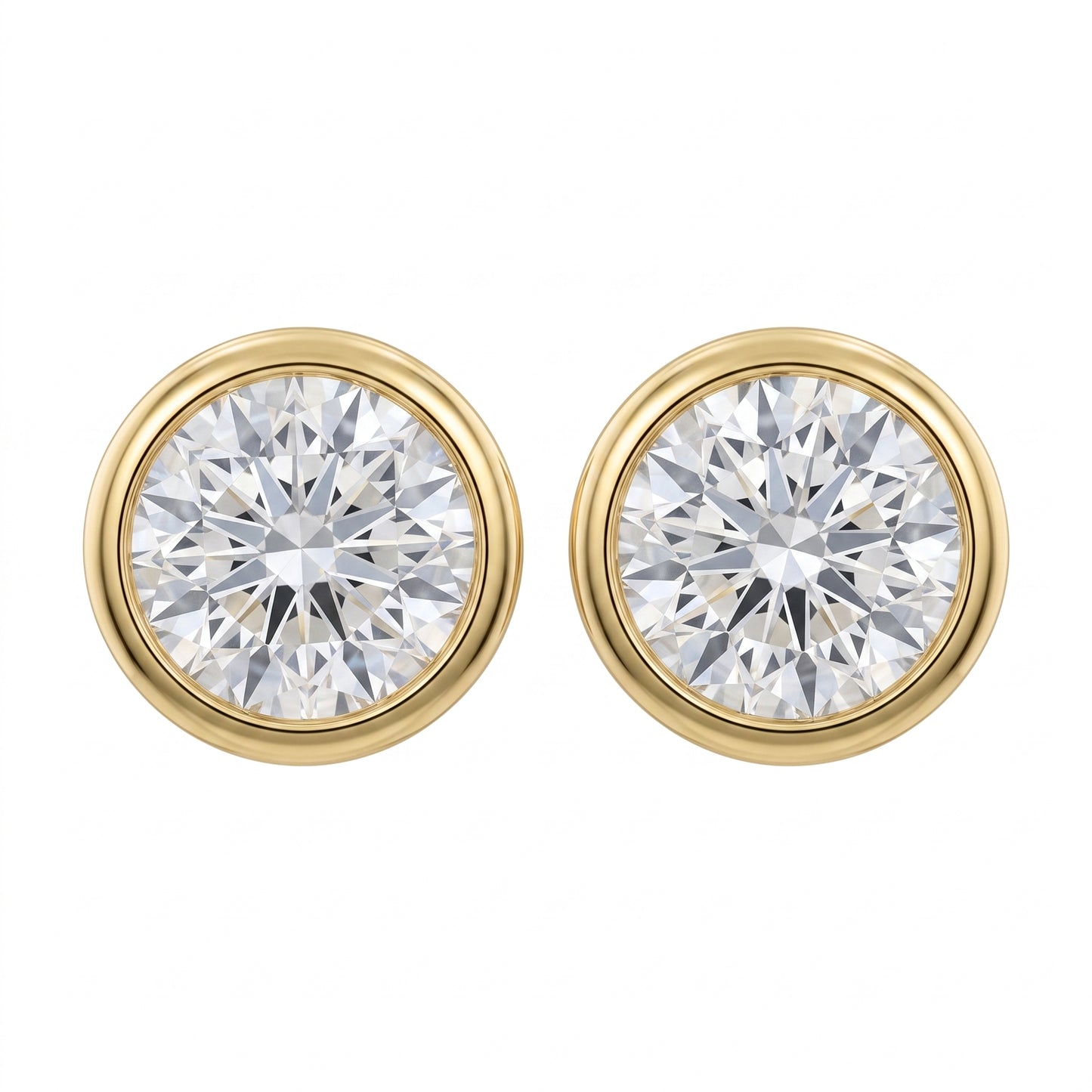 18k yellow gold two round diamond bezel-set 5mm stud earrings, white background