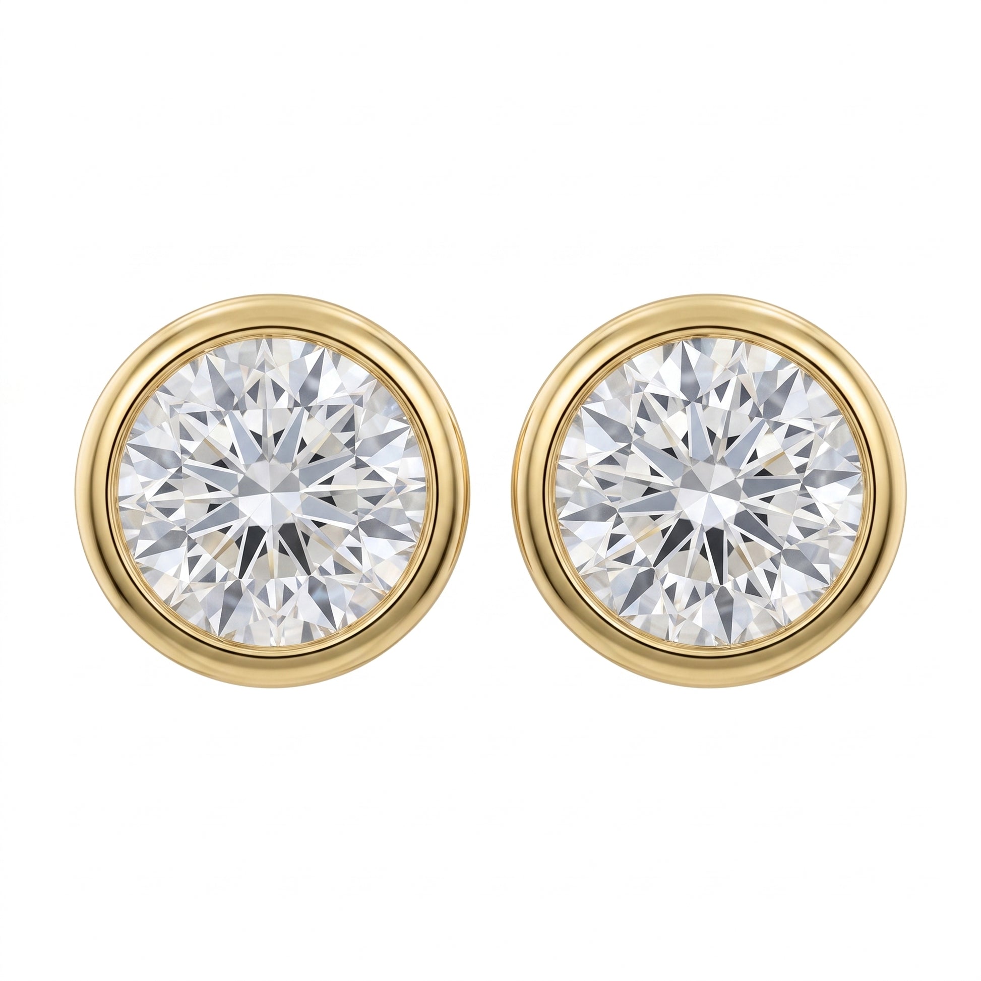 18k yellow gold two round diamond bezel-set 5mm stud earrings, white background