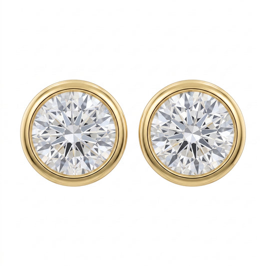 18k yellow gold two round diamond bezel-set 5mm stud earrings, white background