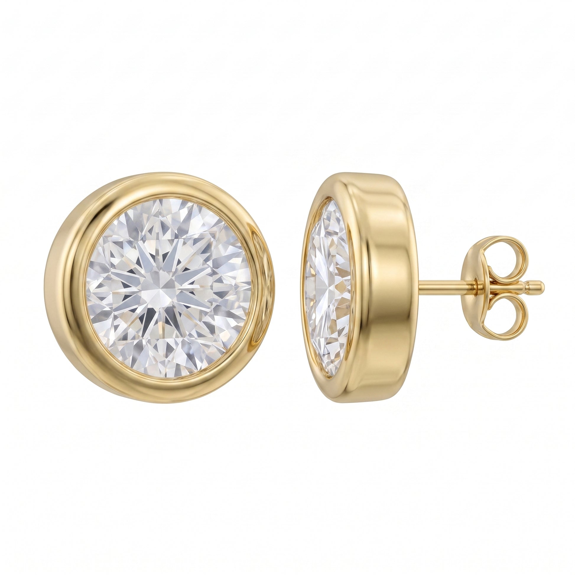 18k yellow gold two round diamond bezel-set 5mm stud earrings, front and side view showing post and butterfly back, white background