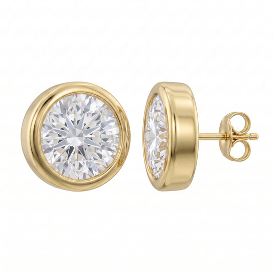 18k yellow gold two round diamond bezel-set 5mm stud earrings, front and side view showing post and butterfly back, white background