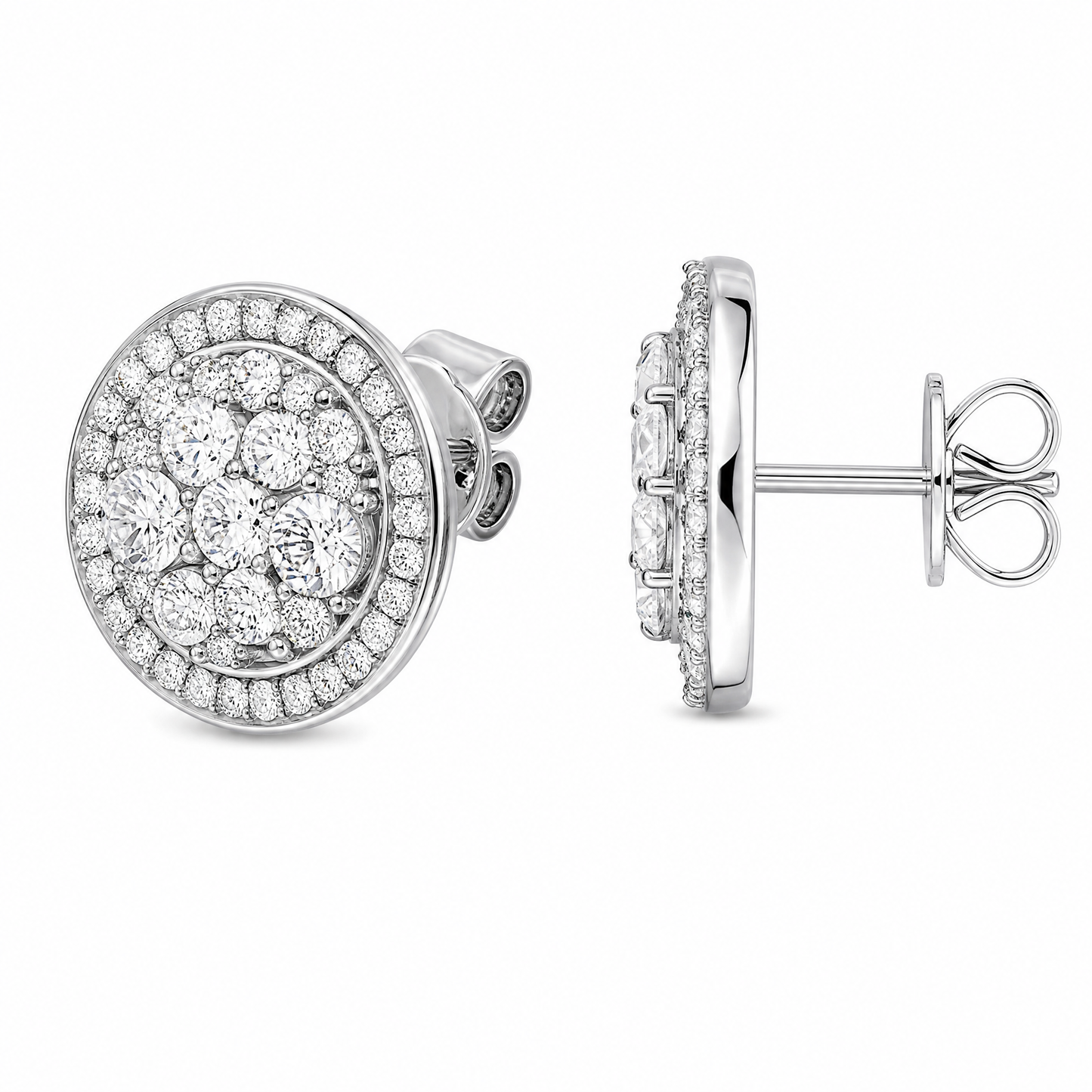 DES1005W W-2 turned view showing post and butterfly back - round brilliant diamond pave disc stud earrings in 18K white gold