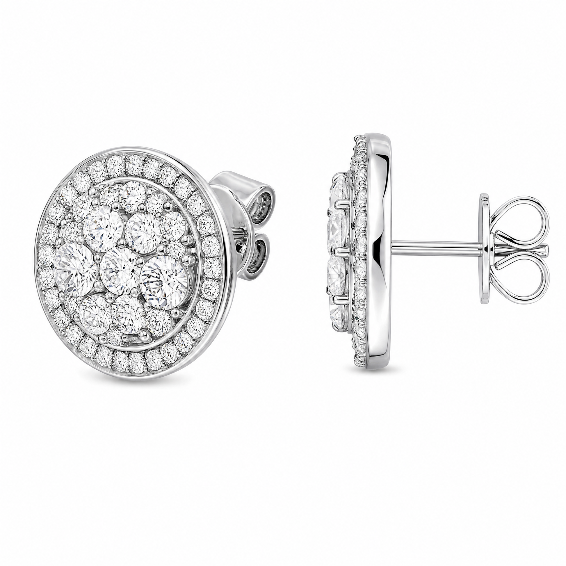 DES1005W W-2 turned view showing post and butterfly back - round brilliant diamond pave disc stud earrings in 18K white gold