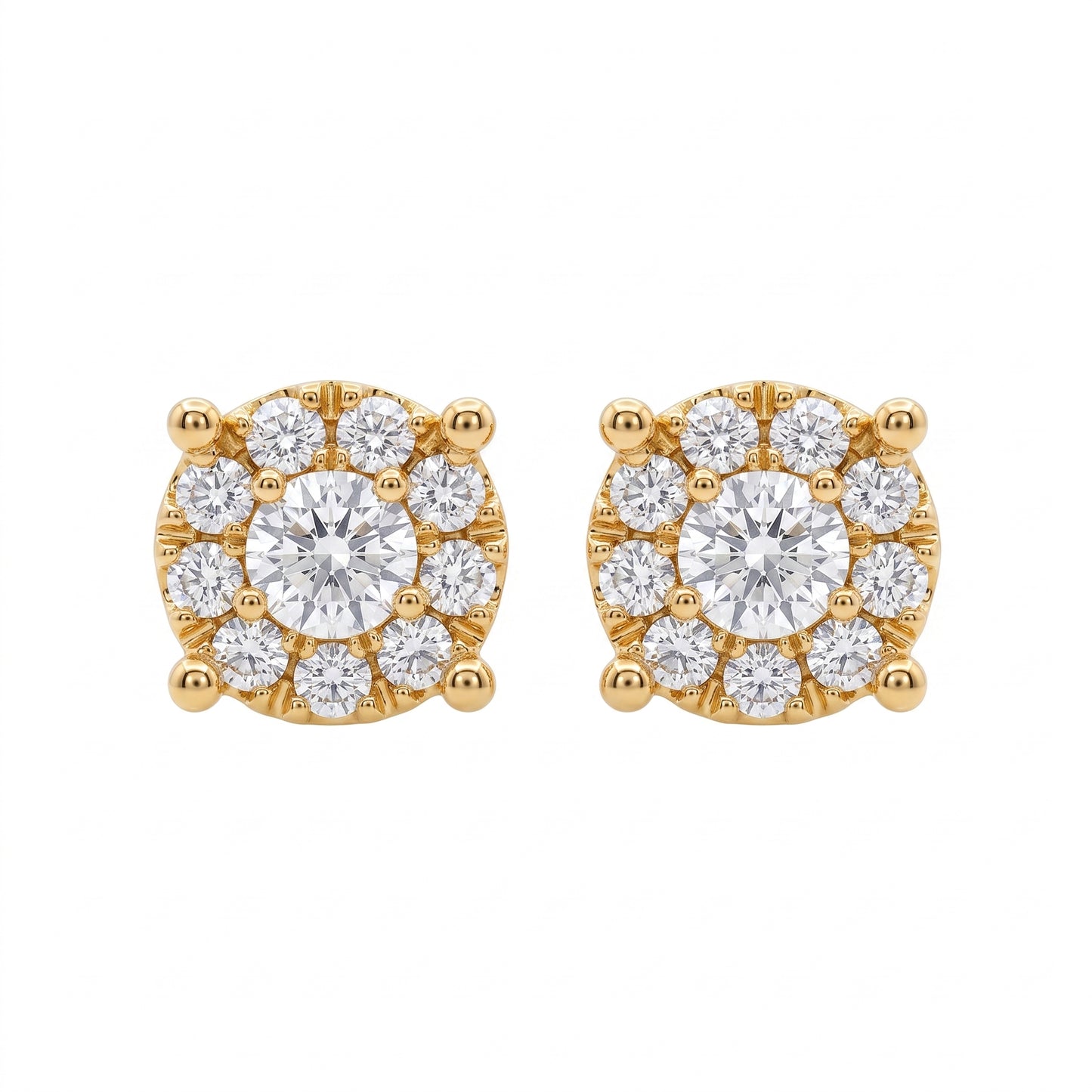 20-Diamond Round Post Earrings, 5mm - 18k yellow gold round cluster studs, one larger round brilliant centre inside a single ring of smaller round diamonds in an open gold lattice with four rounded claw prongs