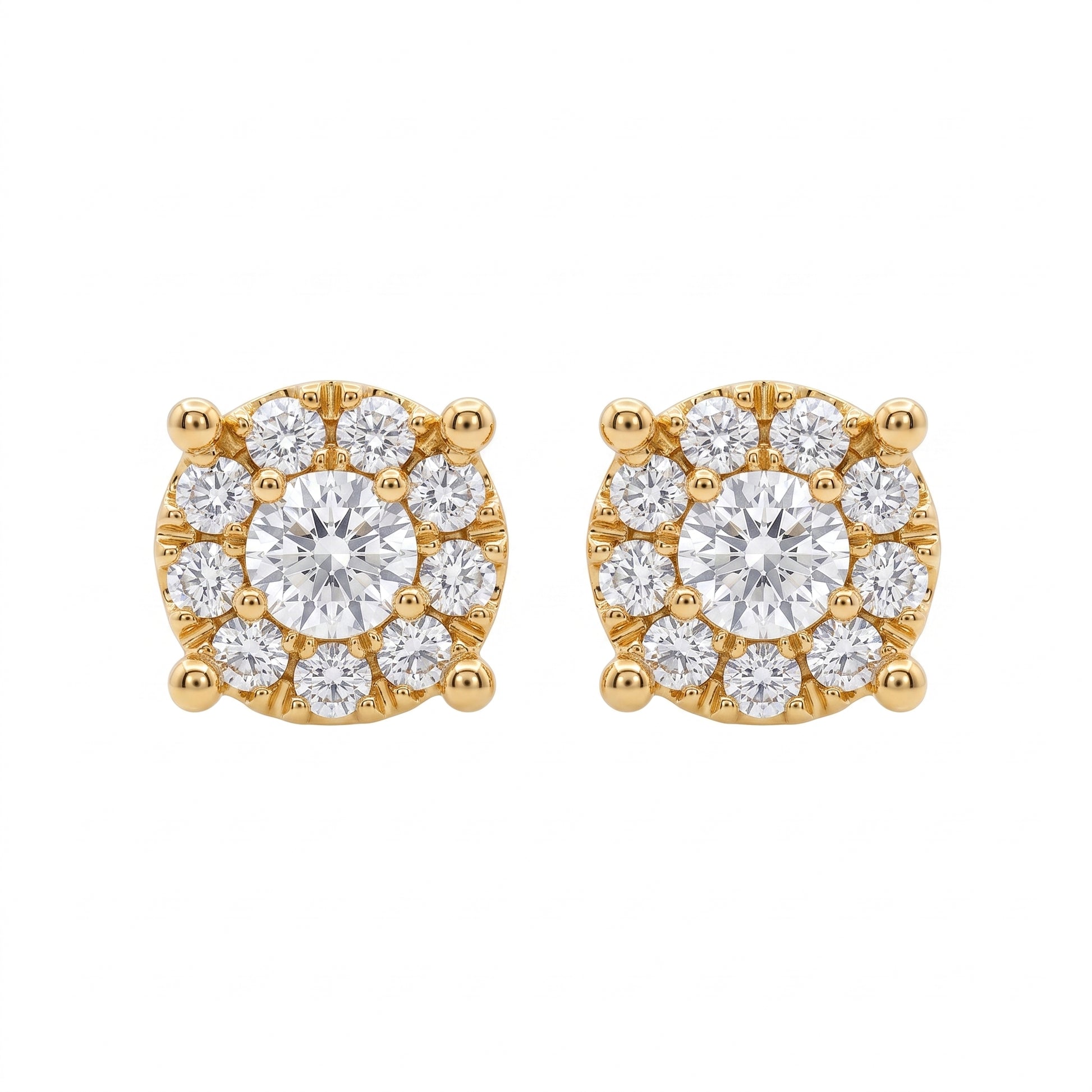 20-Diamond Round Post Earrings, 5mm - 18k yellow gold round cluster studs, one larger round brilliant centre inside a single ring of smaller round diamonds in an open gold lattice with four rounded claw prongs