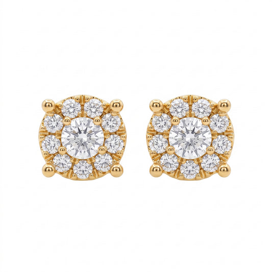 20-Diamond Round Post Earrings, 5mm - 18k yellow gold round cluster studs, one larger round brilliant centre inside a single ring of smaller round diamonds in an open gold lattice with four rounded claw prongs