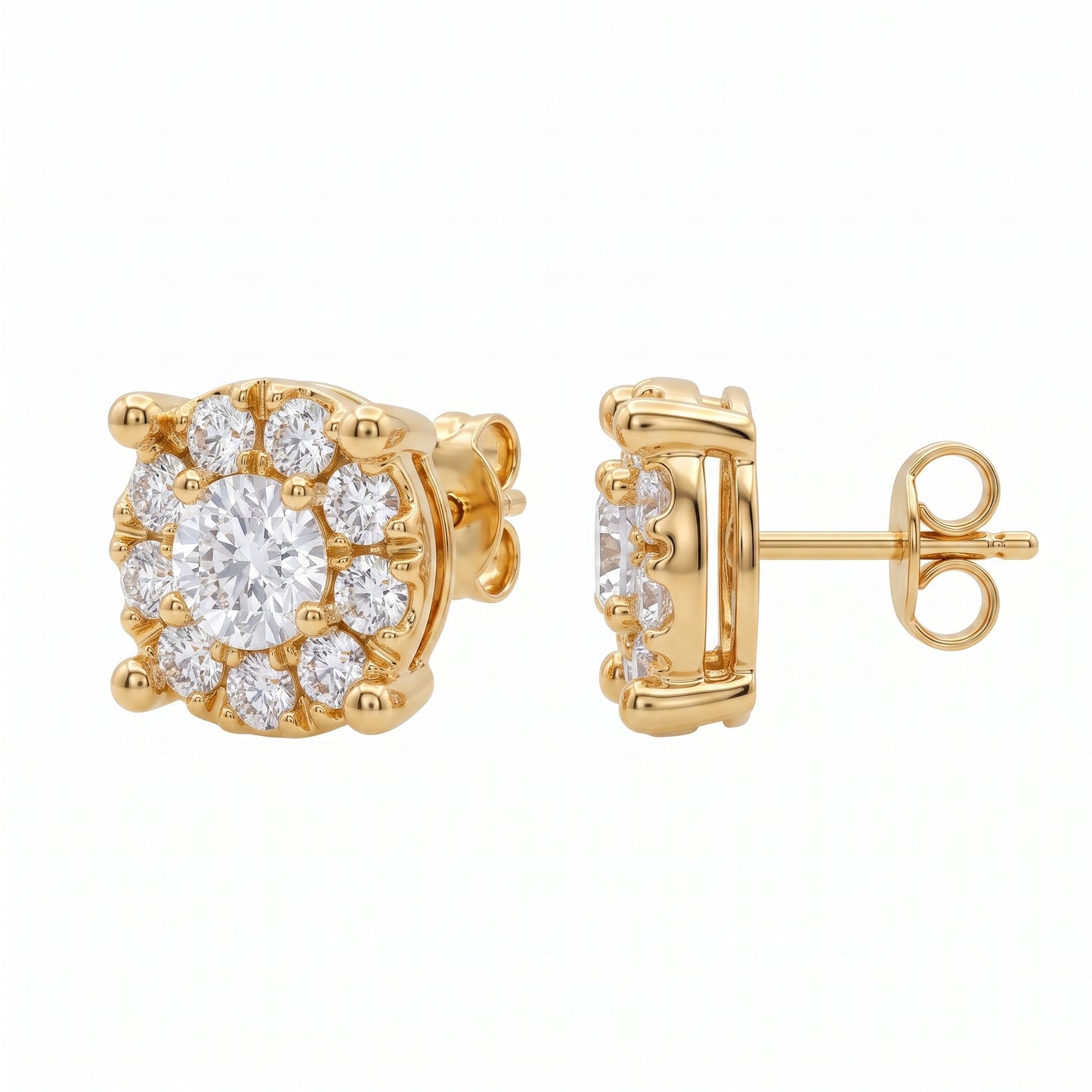 20-Diamond Round Post Earrings, 5mm - second view with one earring turned to full profile, showing the plain polished 18k yellow gold post and butterfly clutch