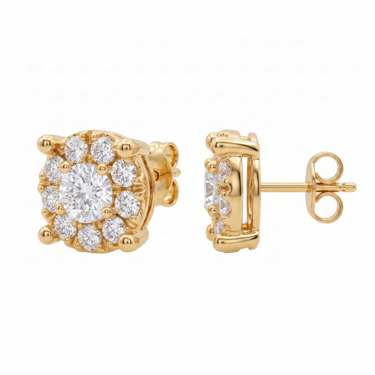 20-Diamond Round Post Earrings, 5mm - second view with one earring turned to full profile, showing the plain polished 18k yellow gold post and butterfly clutch