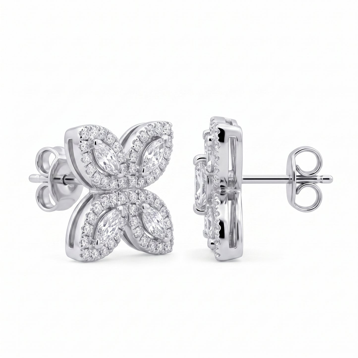 Marquise & Round Diamond Starburst Stud Earrings in 18K white gold - angled view showing post and butterfly back