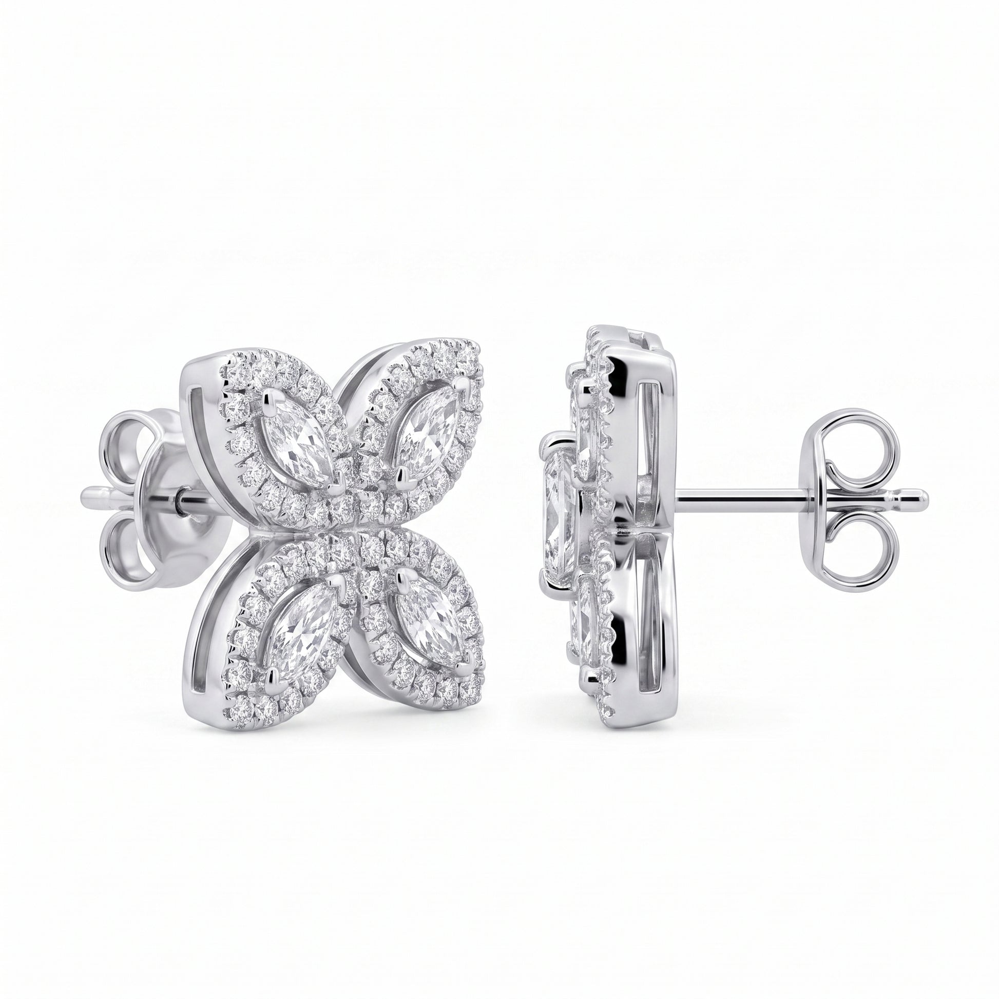 Marquise & Round Diamond Starburst Stud Earrings in 18K white gold - angled view showing post and butterfly back