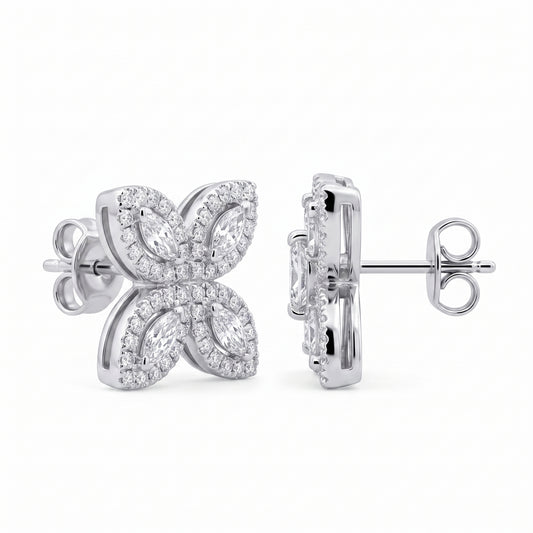 Marquise & Round Diamond Starburst Stud Earrings in 18K white gold - angled view showing post and butterfly back