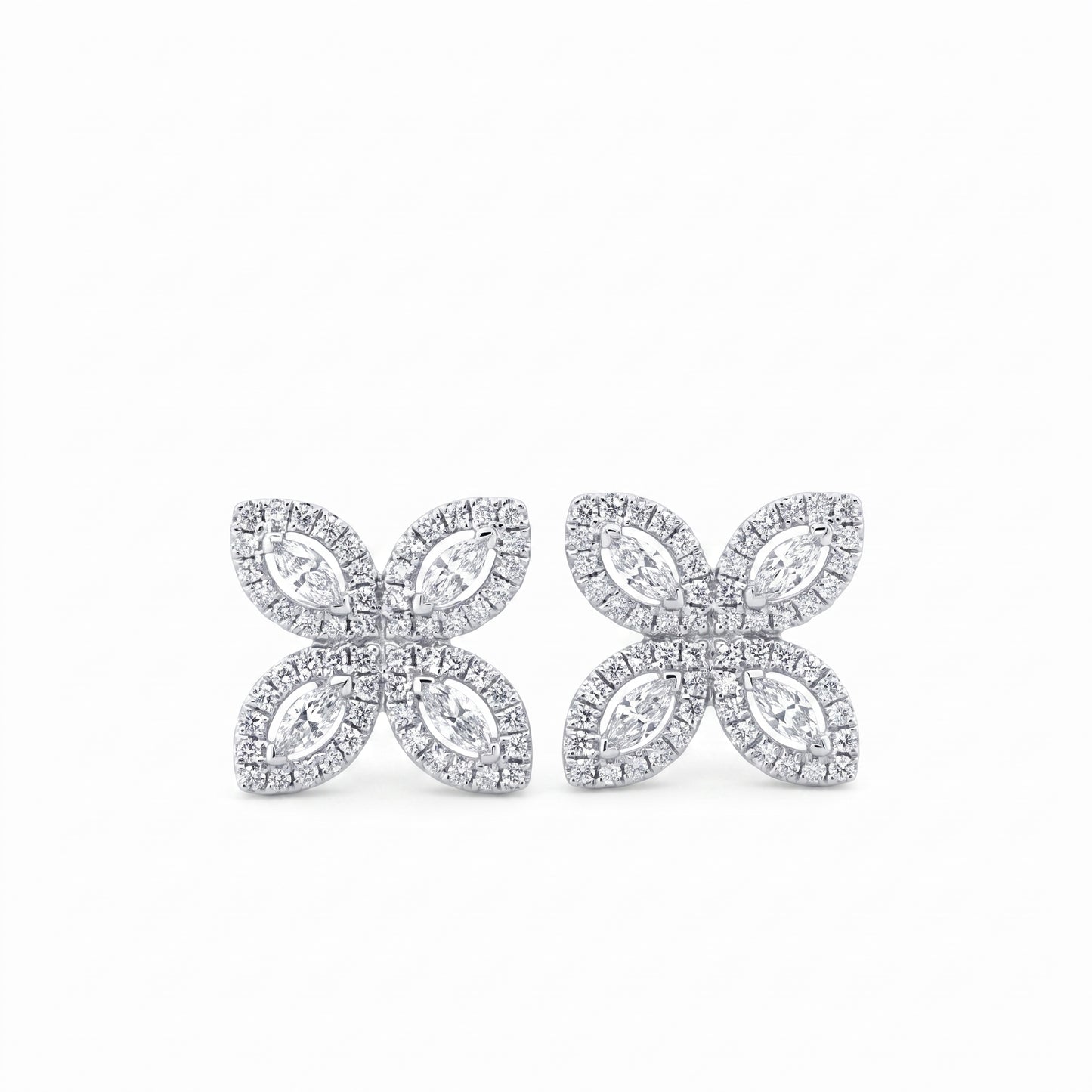 Marquise & Round Diamond Starburst Stud Earrings in 18K white gold - front view on white background