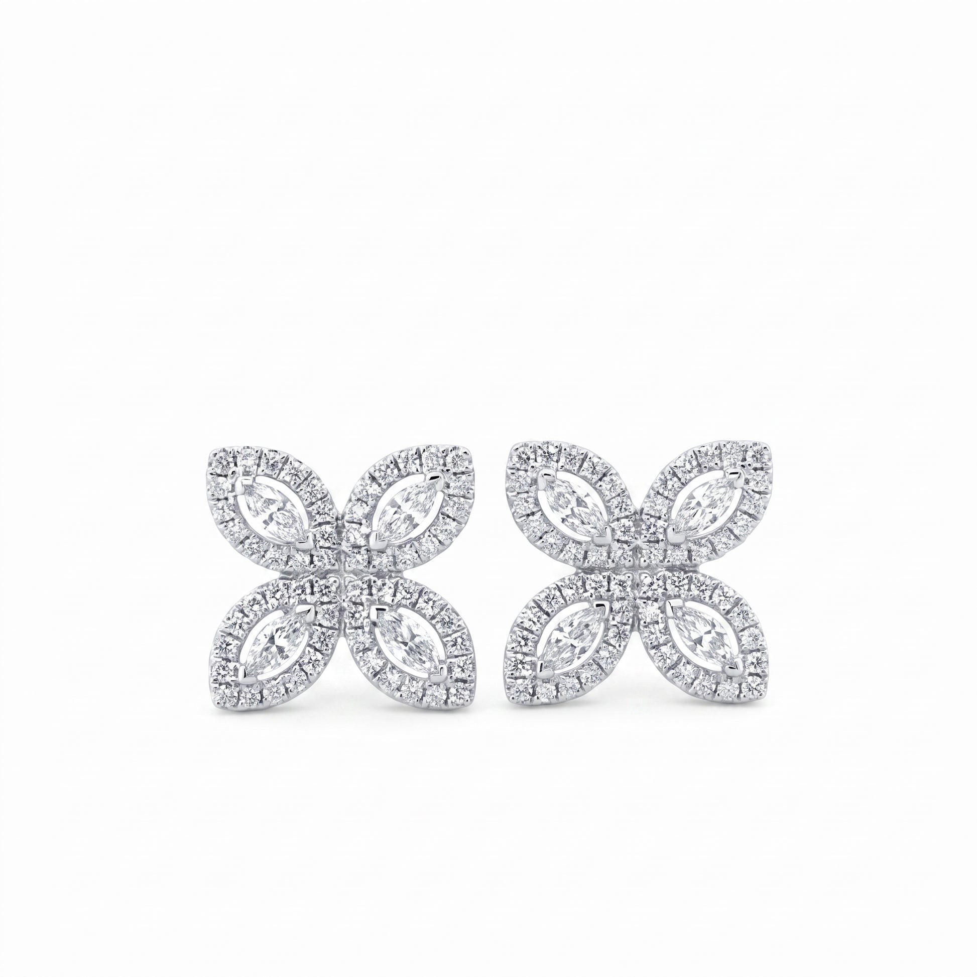 Marquise & Round Diamond Starburst Stud Earrings in 18K white gold - front view on white background