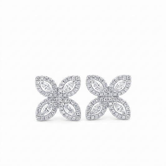 Marquise & Round Diamond Starburst Stud Earrings in 18K white gold - front view on white background