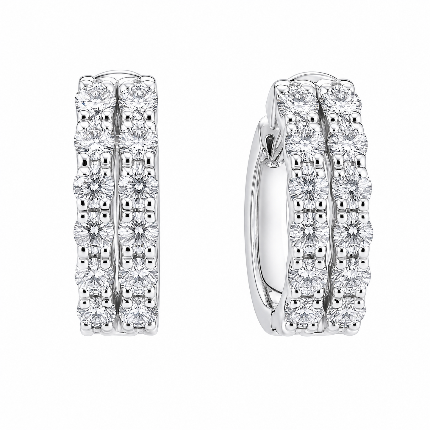 DESD0056W W-2 front and turned view showing post and hinged huggie catch - double-row round diamond white gold hoop earrings