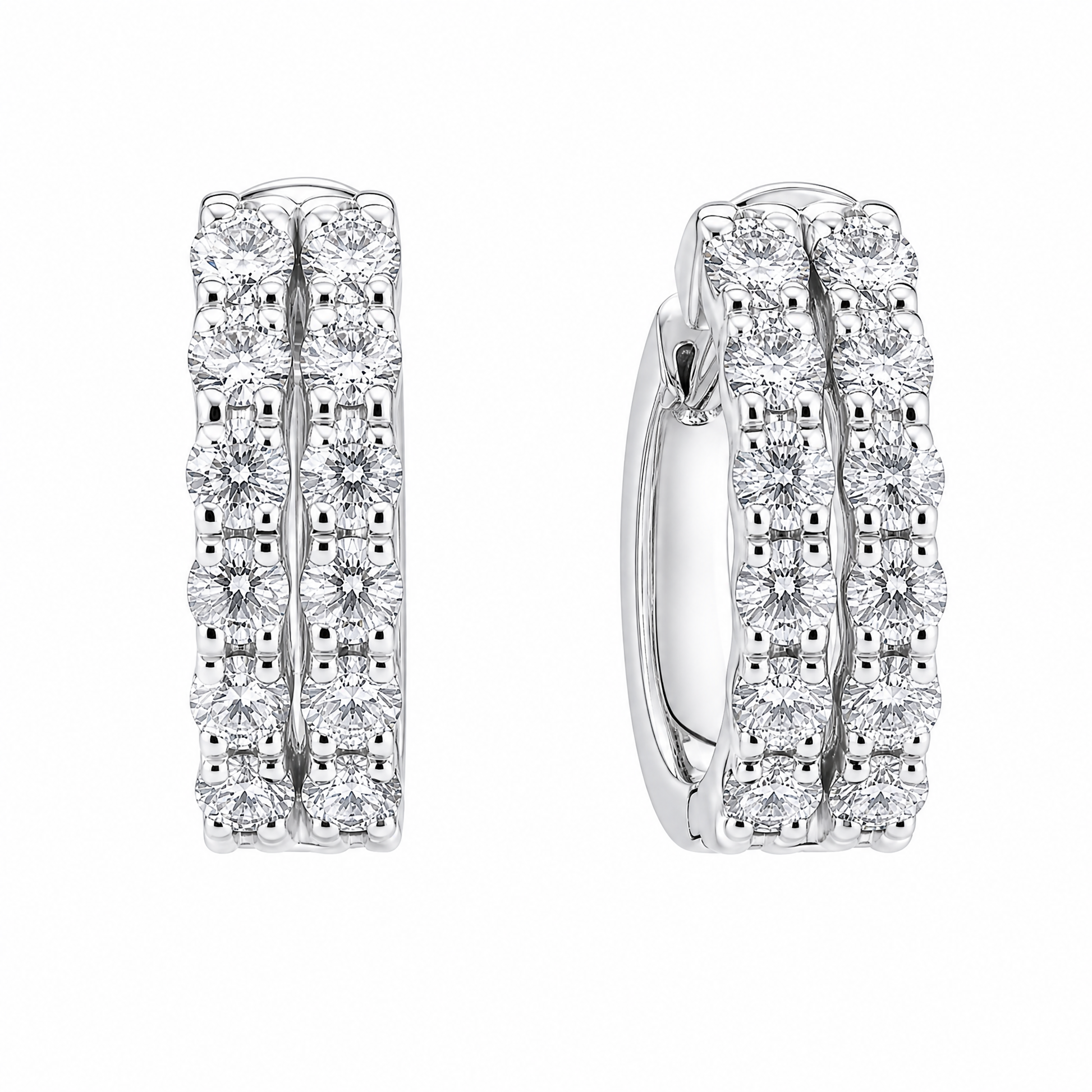 DESD0056W W-2 front and turned view showing post and hinged huggie catch - double-row round diamond white gold hoop earrings
