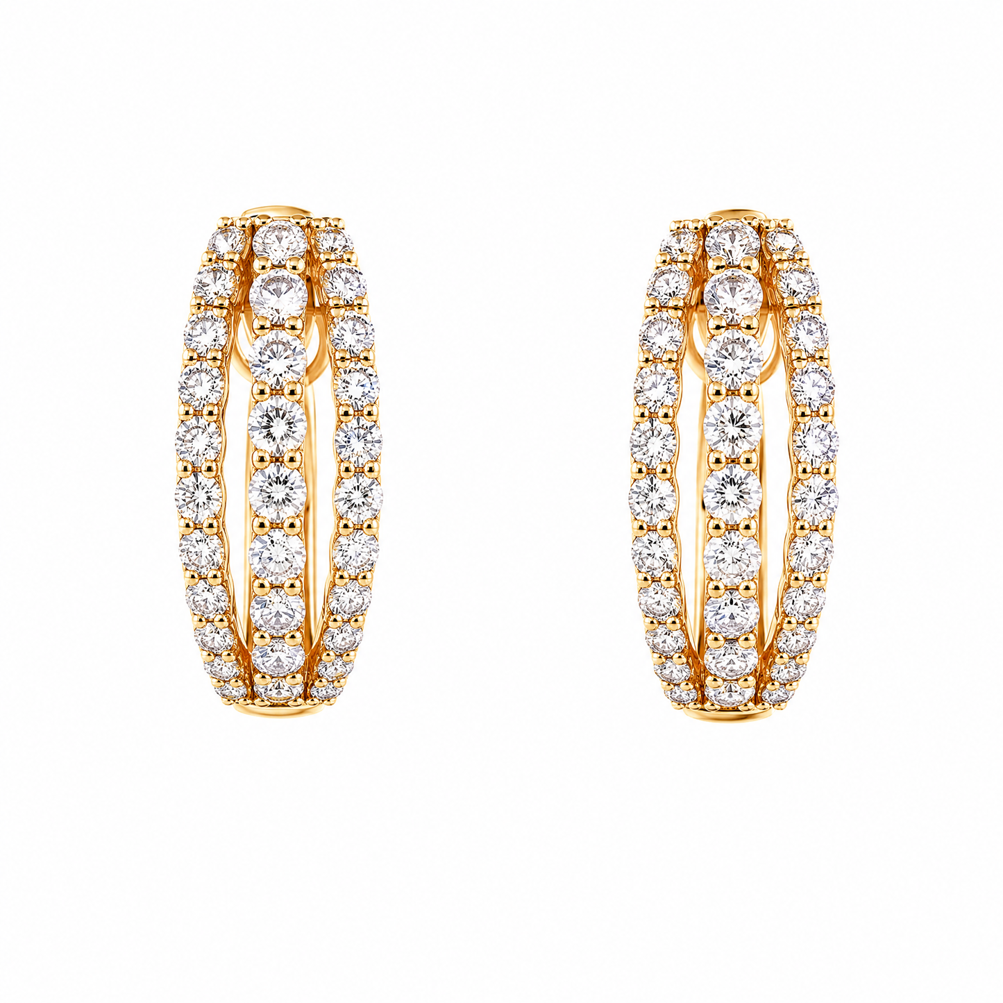 DESD0065 W-1 frontal pair - 3-row round diamond hoop huggie earrings, 18K yellow gold
