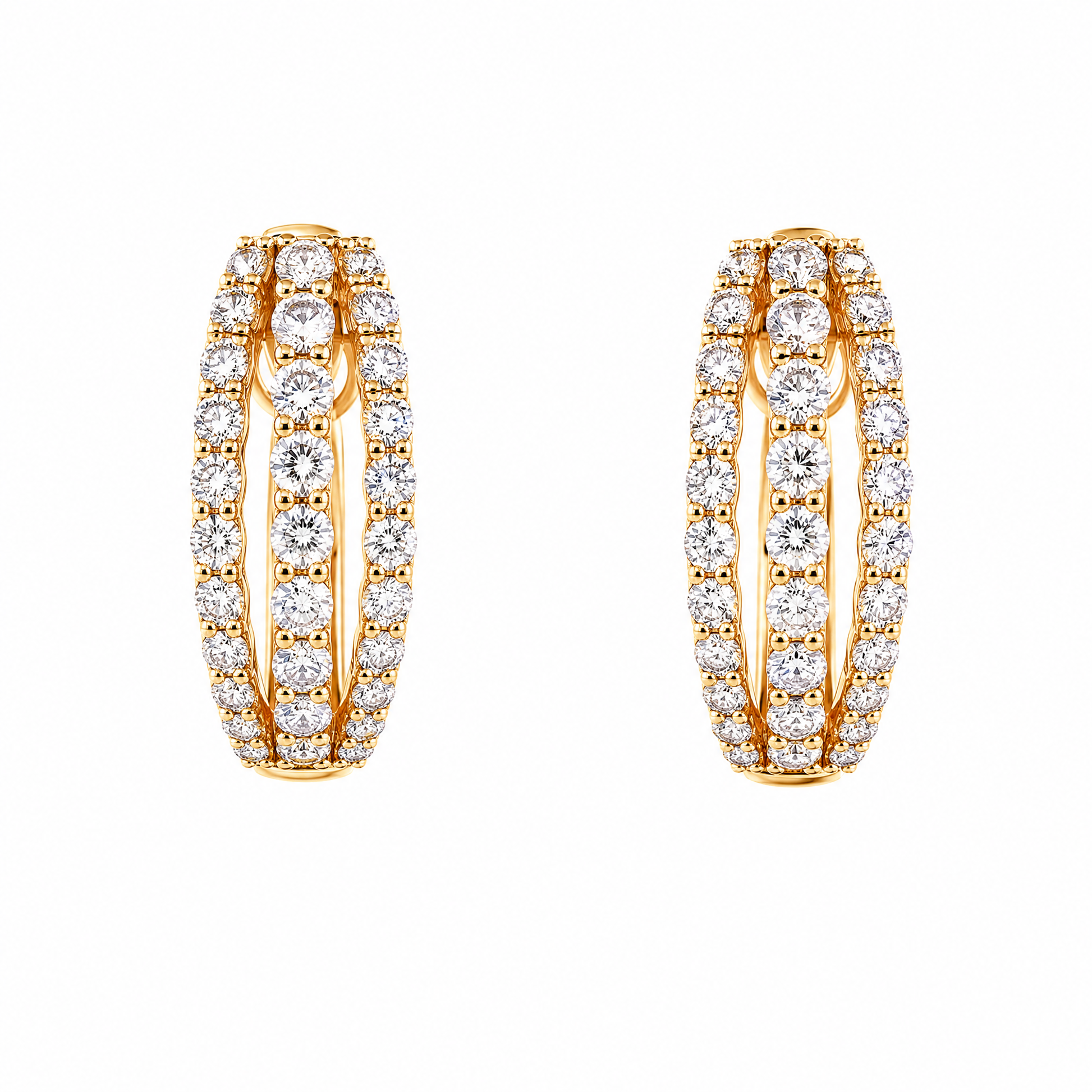 DESD0065 W-1 frontal pair - 3-row round diamond hoop huggie earrings, 18K yellow gold