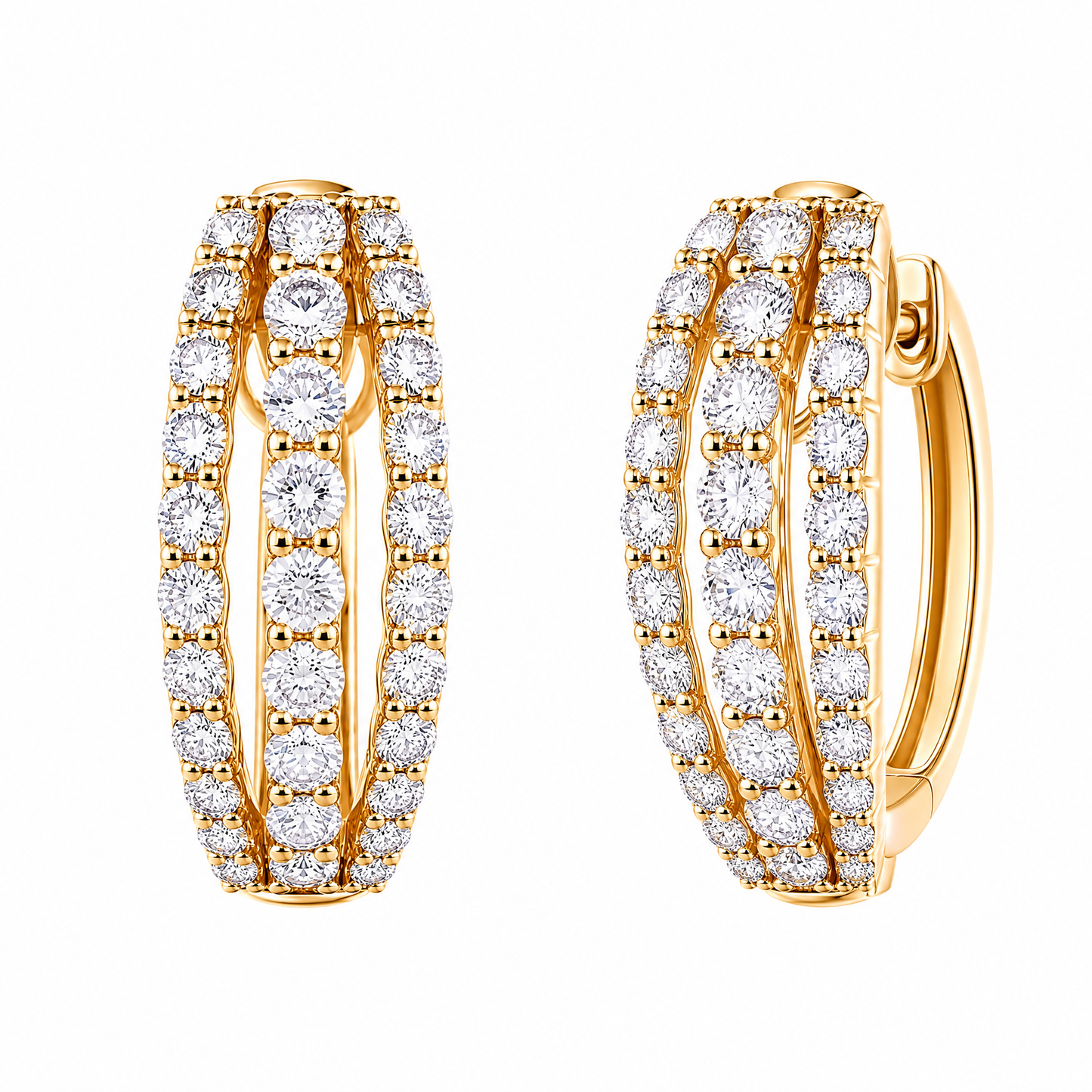 DESD0065 W-2 front and turned view showing the hoop interior and hinge - 3-row round diamond hoop huggie earrings, 18K yellow gold