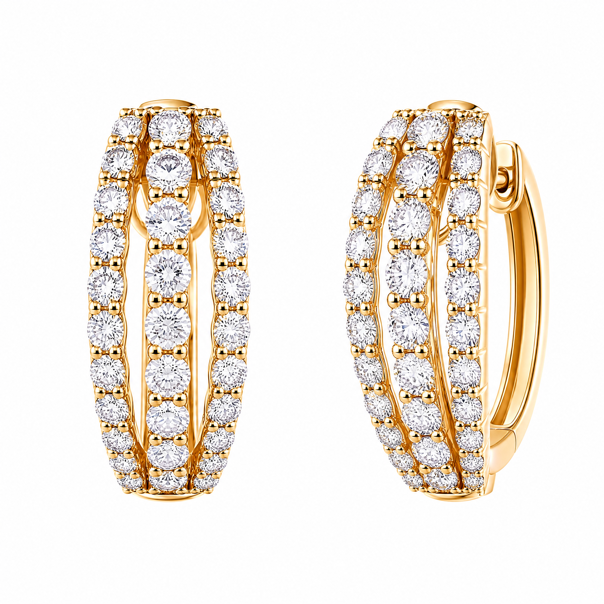 DESD0065 W-2 front and turned view showing the hoop interior and hinge - 3-row round diamond hoop huggie earrings, 18K yellow gold