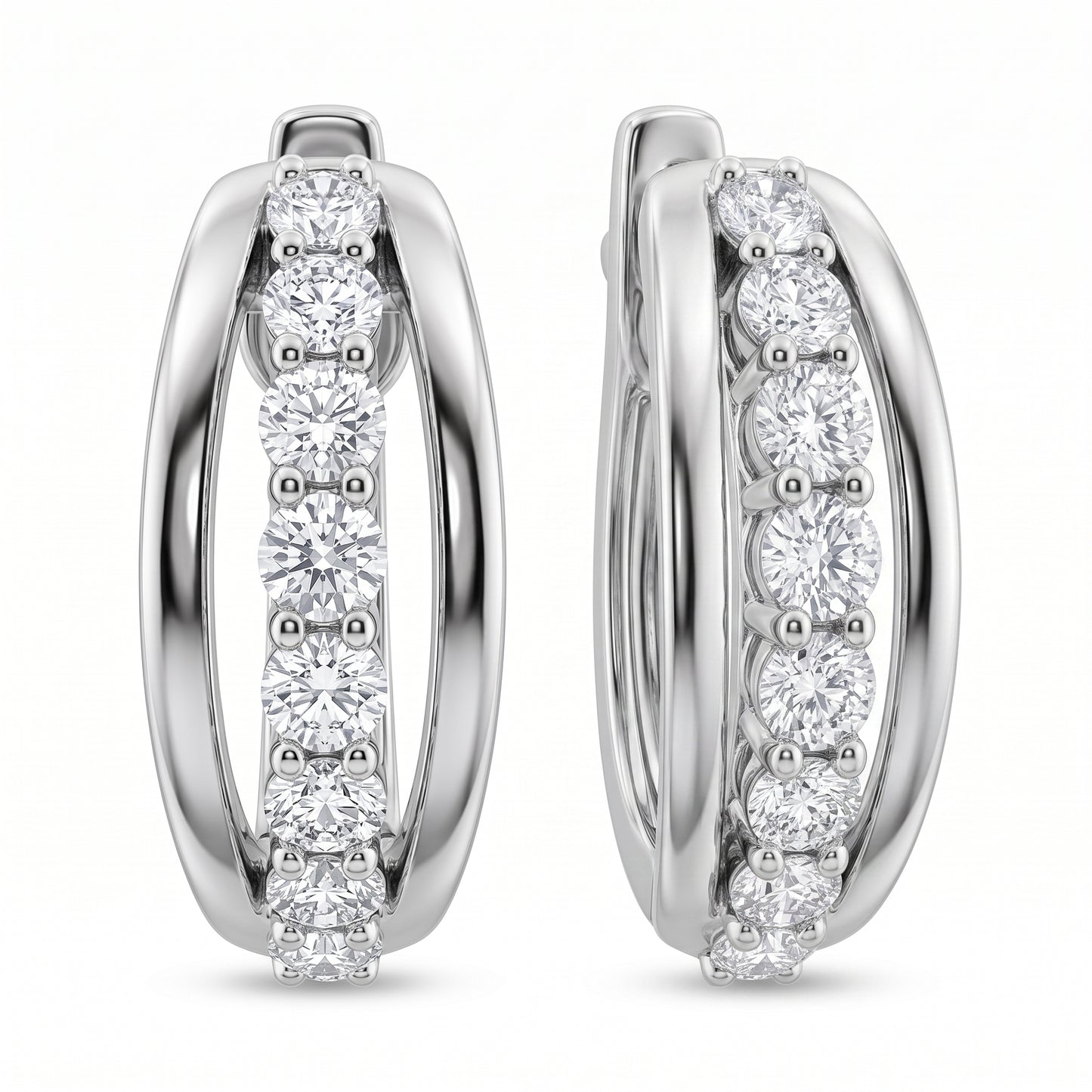 18-Diamond Oval Hoop Earrings - second view with one hoop turned, showing the plain polished 14k white gold back arc and hinged click clasp