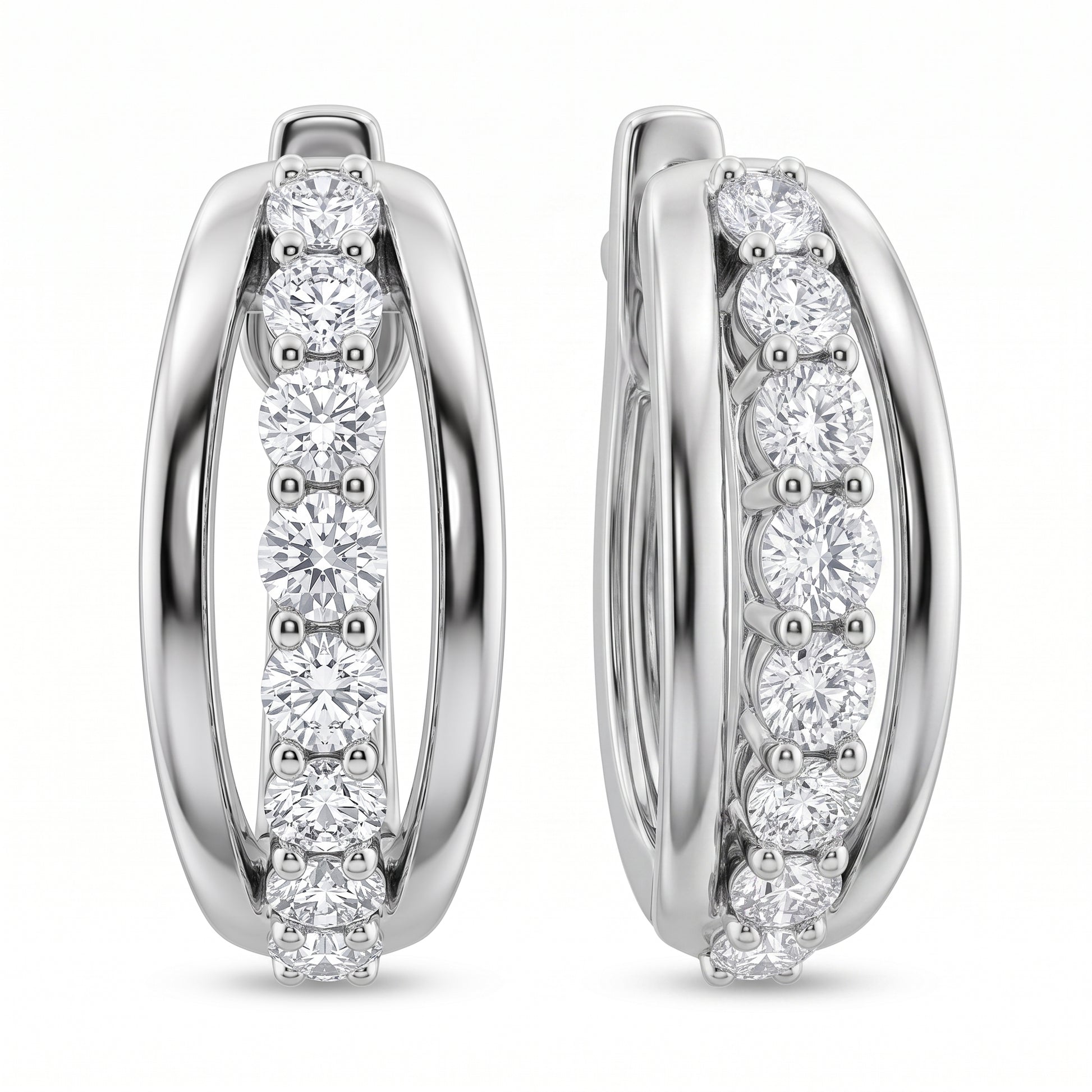 18-Diamond Oval Hoop Earrings - second view with one hoop turned, showing the plain polished 14k white gold back arc and hinged click clasp