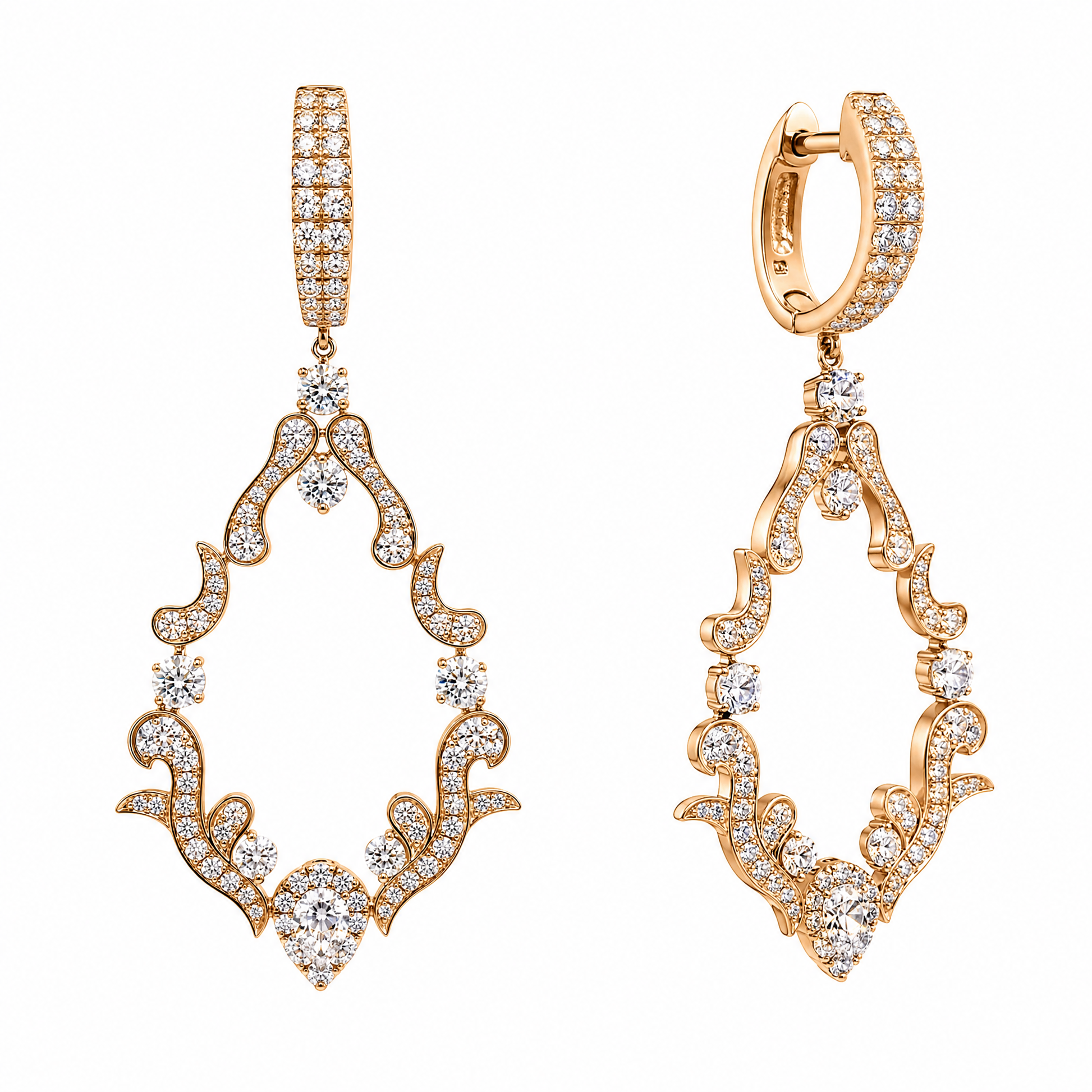DESD0082 W-2 front and turned view showing hinged huggie top - diamond openwork arabesque filigree drop earrings in 14K yellow gold
