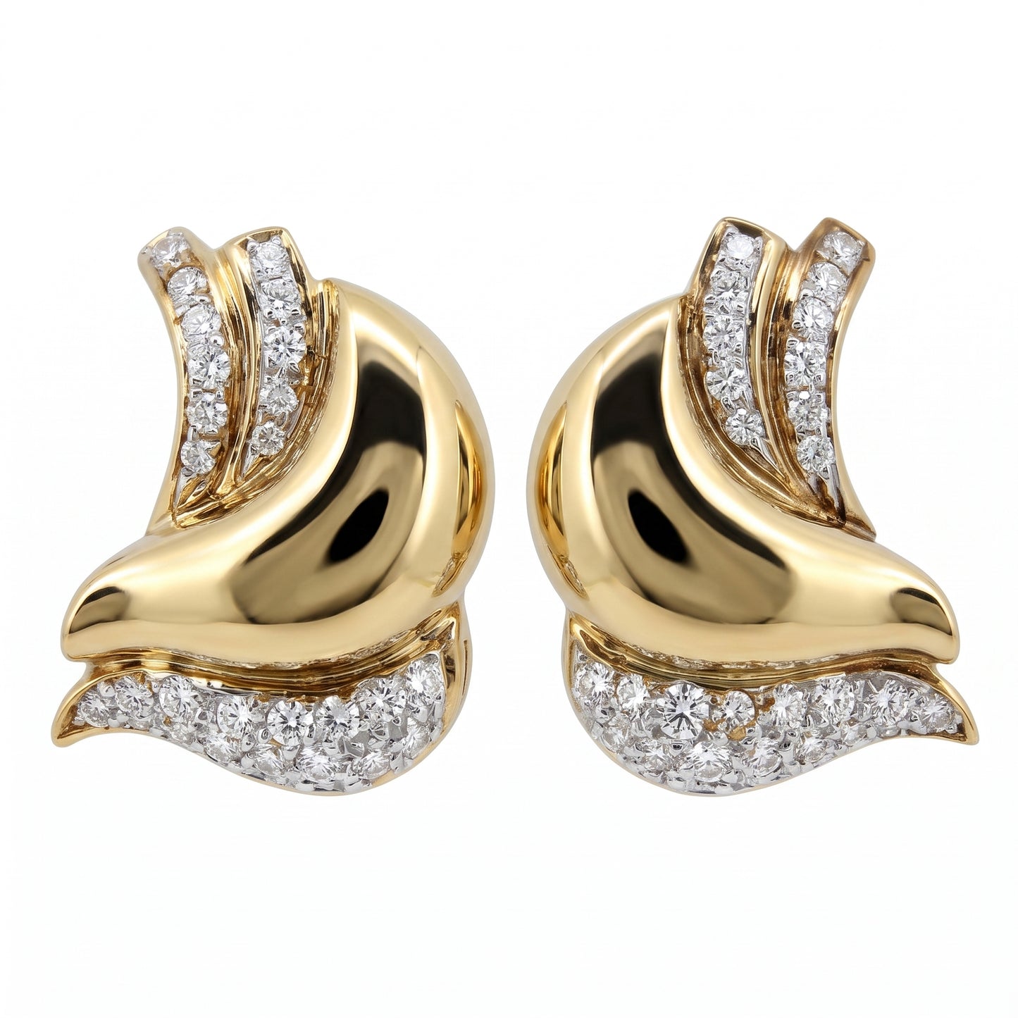 DESL0024 W-1 frontal pair - sculptural asymmetric swirl clip earrings in 18K yellow gold, a high-polish mirror-finish plain gold body curling through the centre with a ribbon of two channel-set rows of round diamonds sweeping up one side and a triangular pave wedge along the bottom