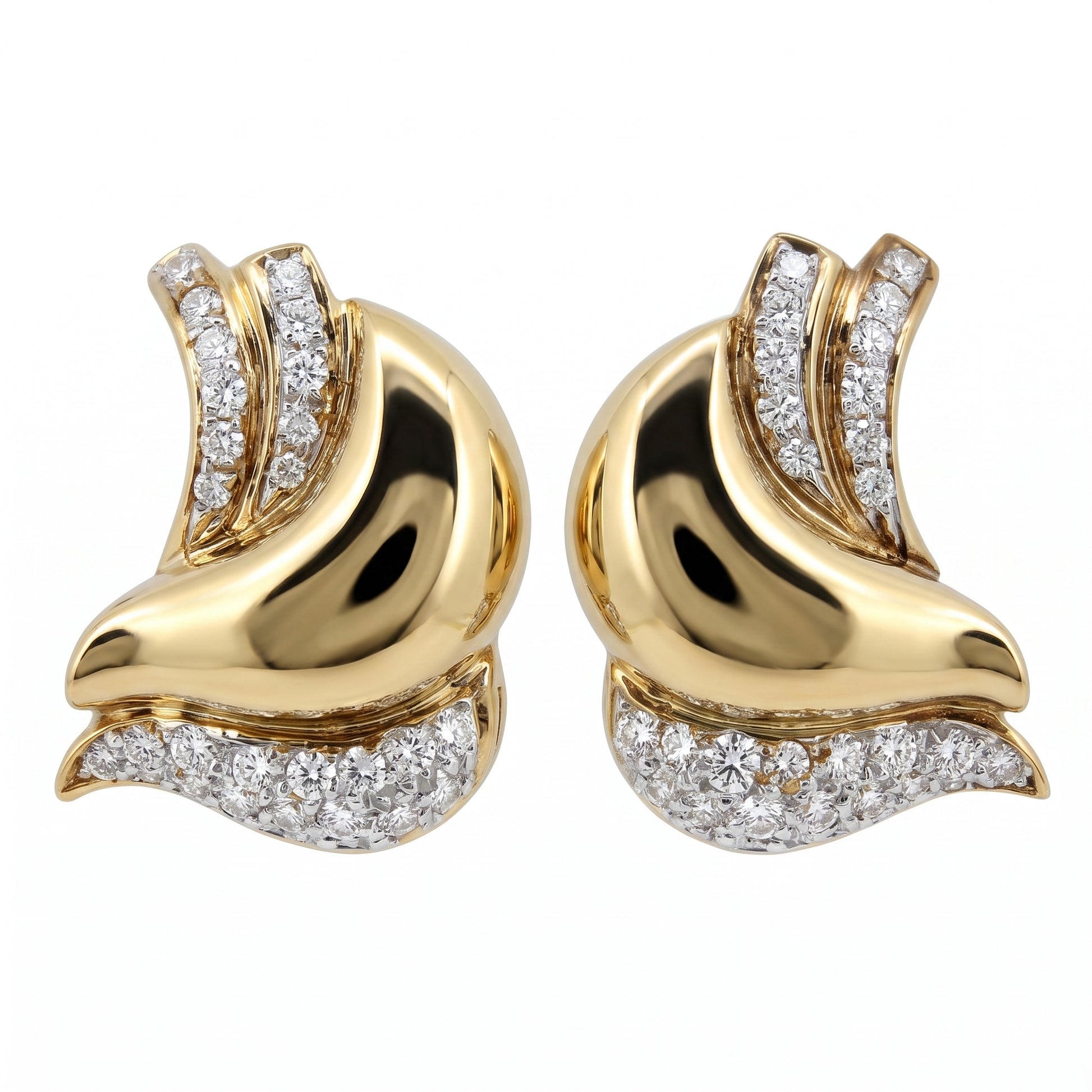 DESL0024 W-1 frontal pair - sculptural asymmetric swirl clip earrings in 18K yellow gold, a high-polish mirror-finish plain gold body curling through the centre with a ribbon of two channel-set rows of round diamonds sweeping up one side and a triangular pave wedge along the bottom