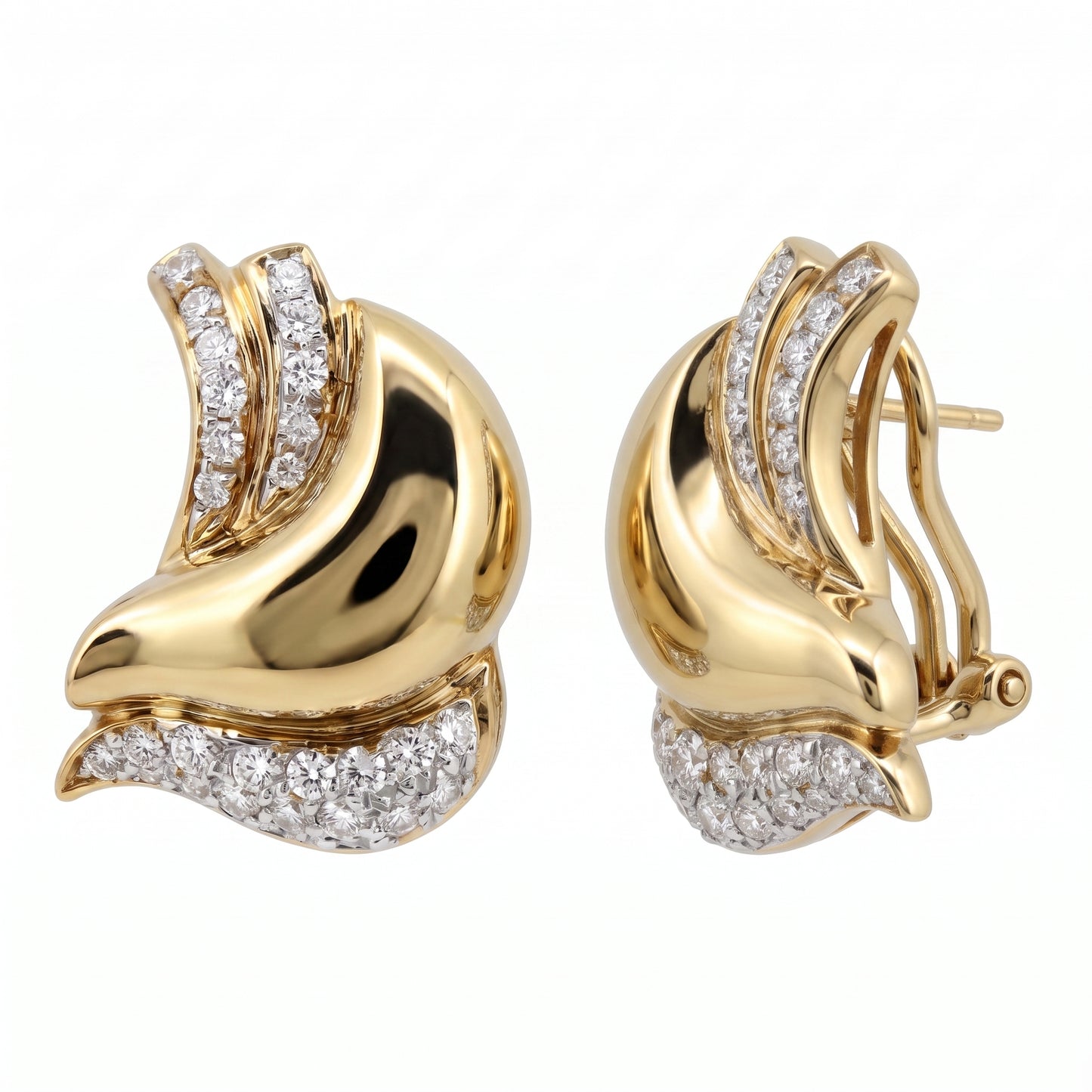 DESL0024 W-2 pair with one earring turned to three-quarters - sculptural diamond swirl clip earrings in 18K yellow gold showing the hinged omega clip lever and straight post on the back