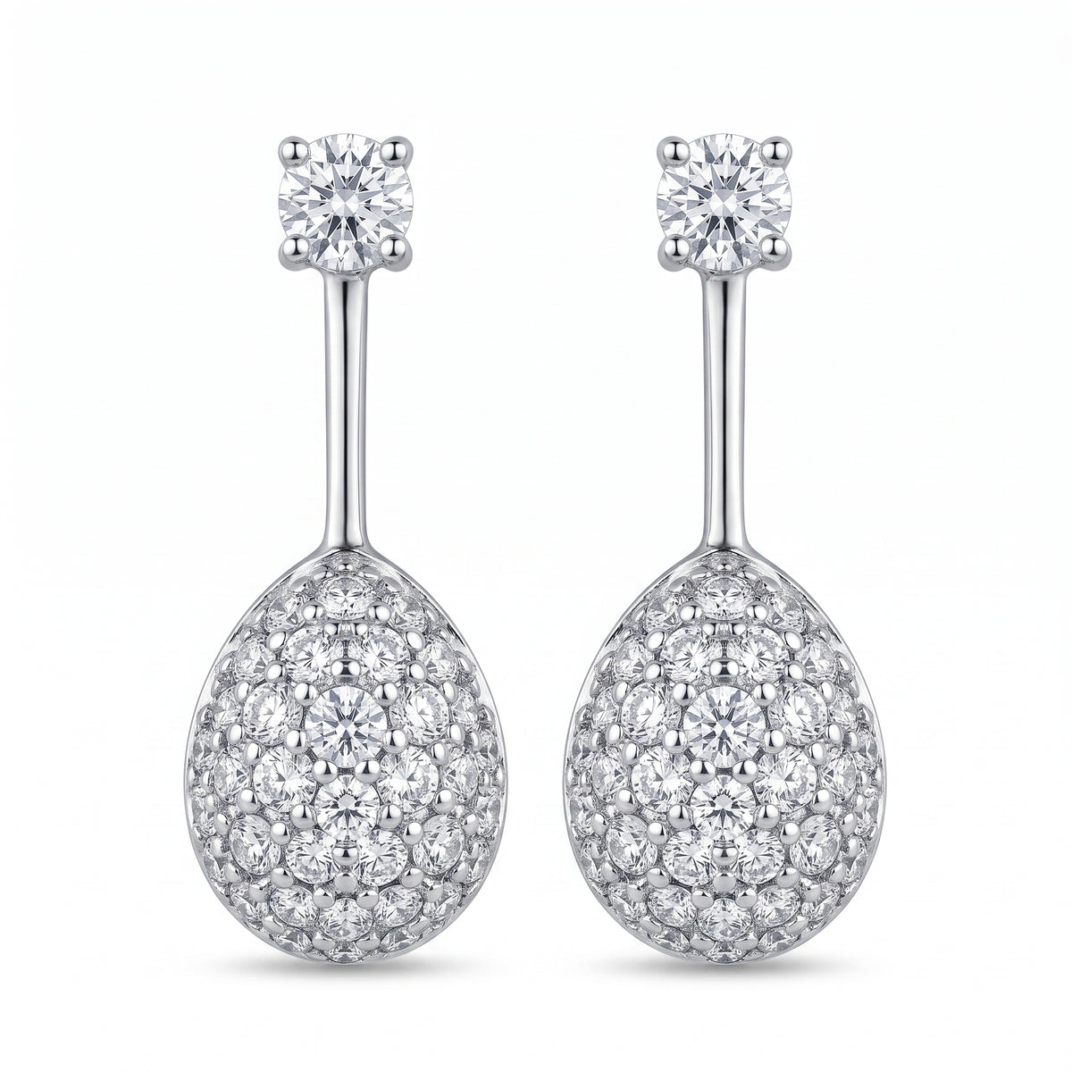 18k white gold round diamond and pave-set oval dome drop post earrings, white background