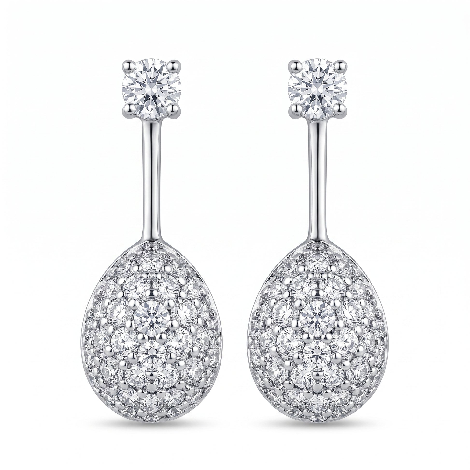 18k white gold round diamond and pave-set oval dome drop post earrings, white background