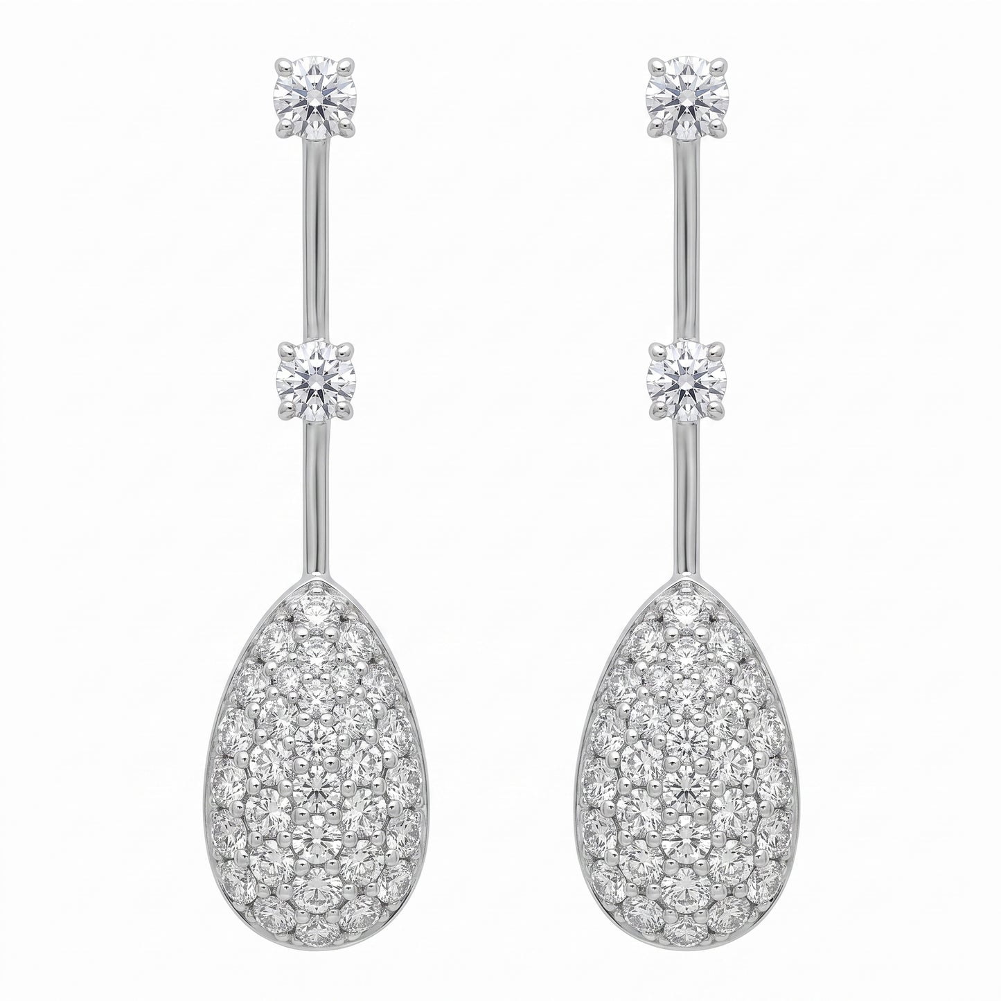 Pave pear drop diamond dangle earrings in 18K white gold, studio white background