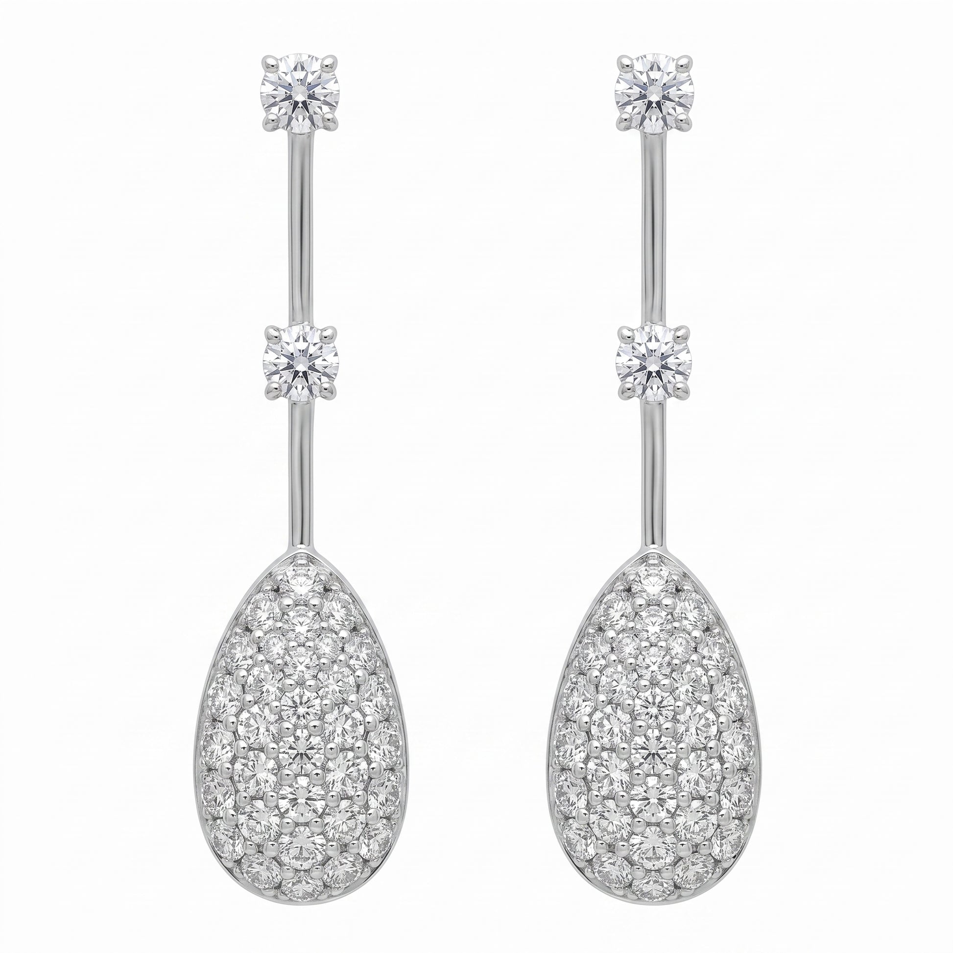 Pave pear drop diamond dangle earrings in 18K white gold, studio white background