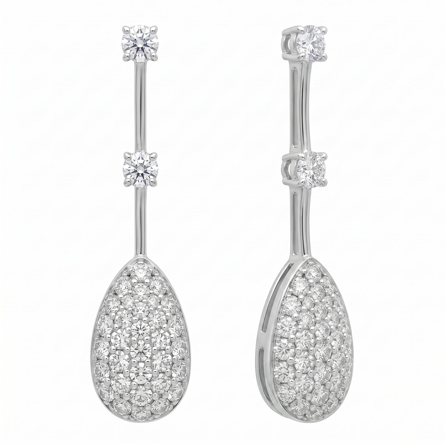 Pave pear drop diamond dangle earrings in 18K white gold, second studio view showing the drop in profile