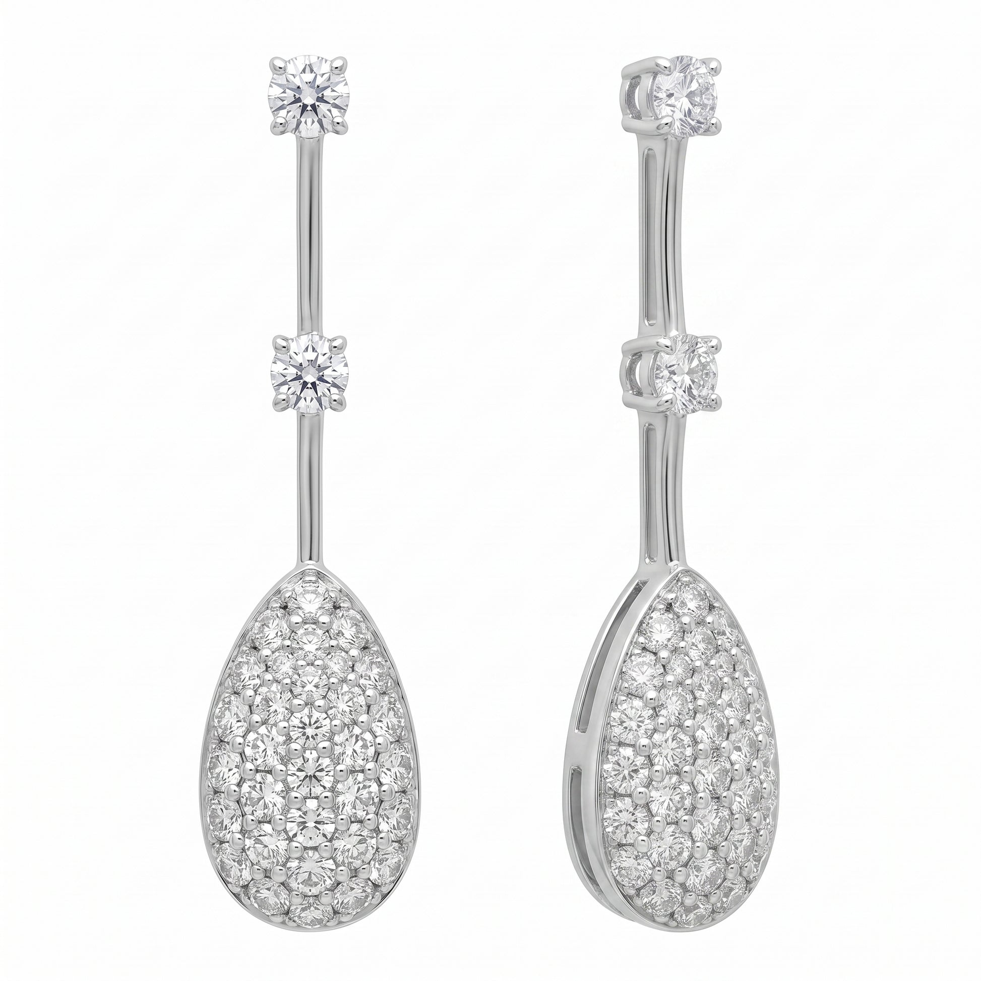 Pave pear drop diamond dangle earrings in 18K white gold, second studio view showing the drop in profile