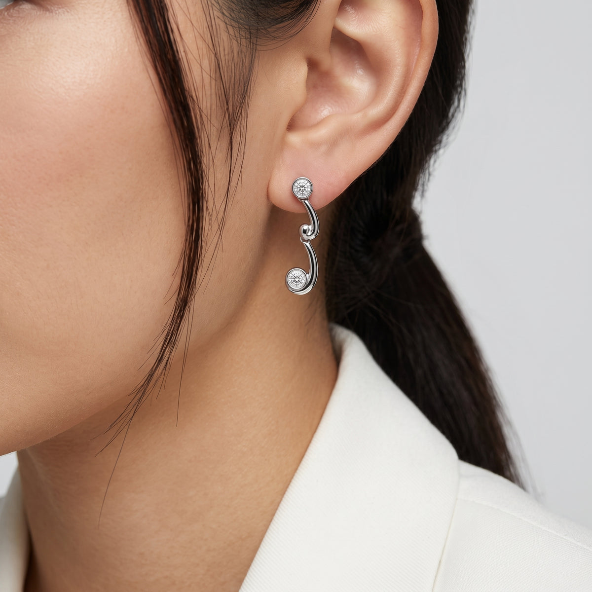 4 Round Diamond Bezel Dangle Post Earrings - worn on model