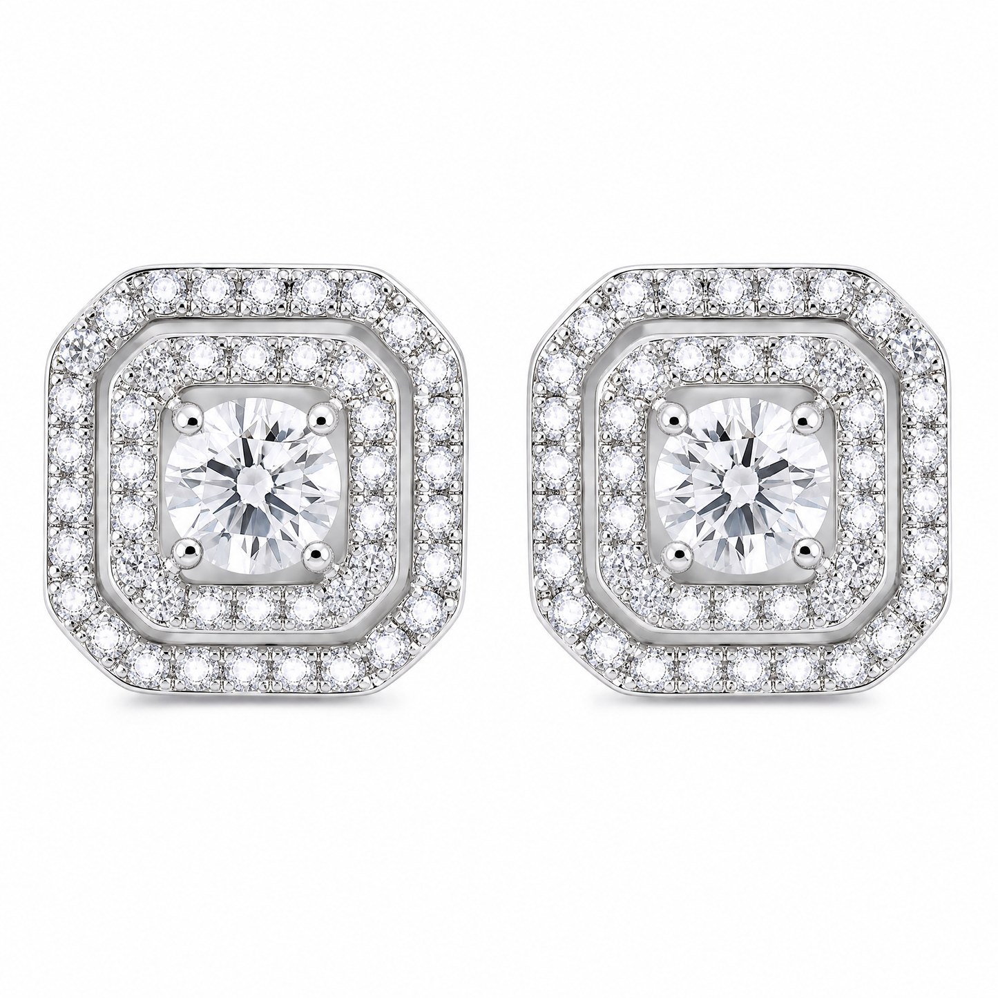 DETE0273W W-1 frontal pair - round diamond double cushion-halo stud earrings in 18K white gold