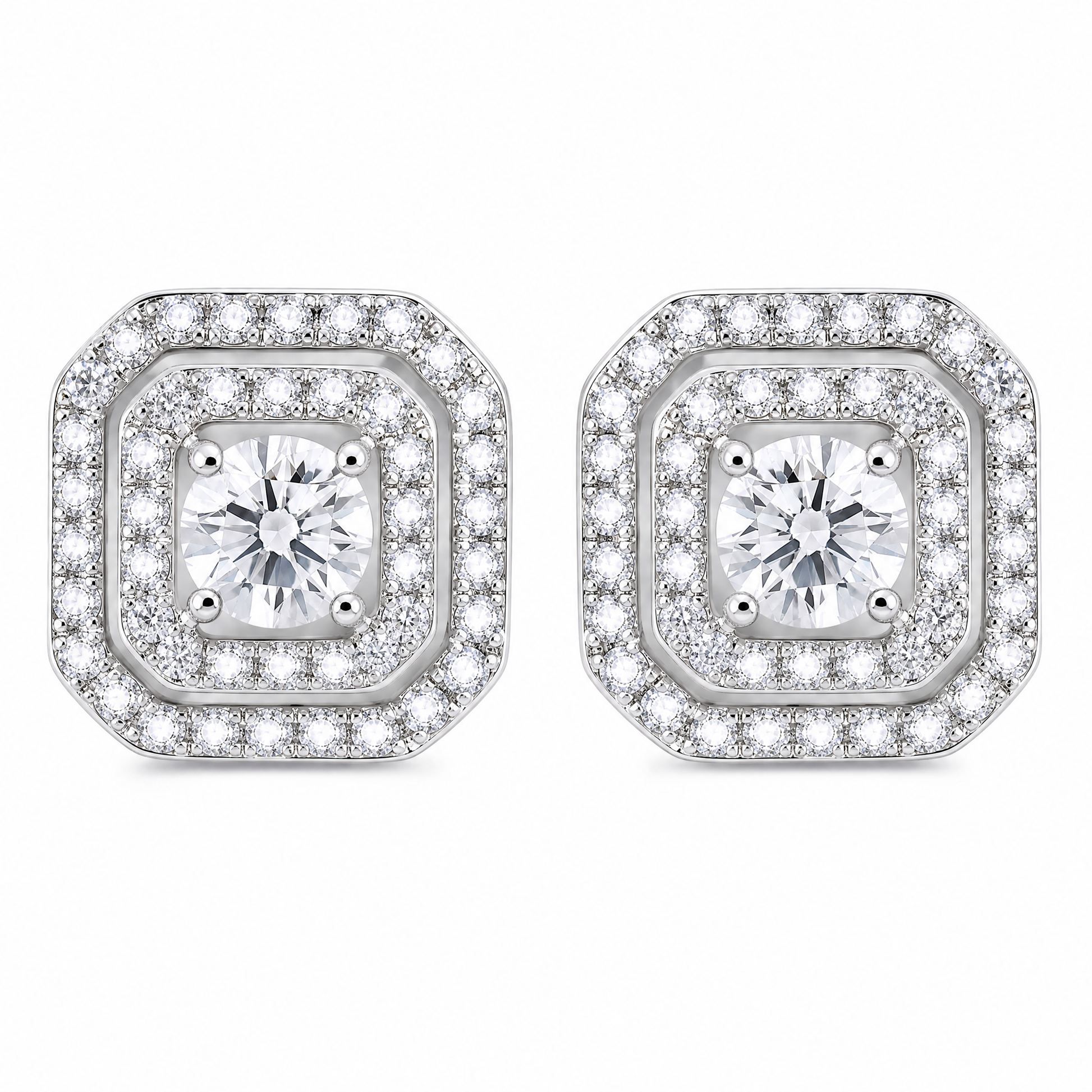 DETE0273W W-1 frontal pair - round diamond double cushion-halo stud earrings in 18K white gold