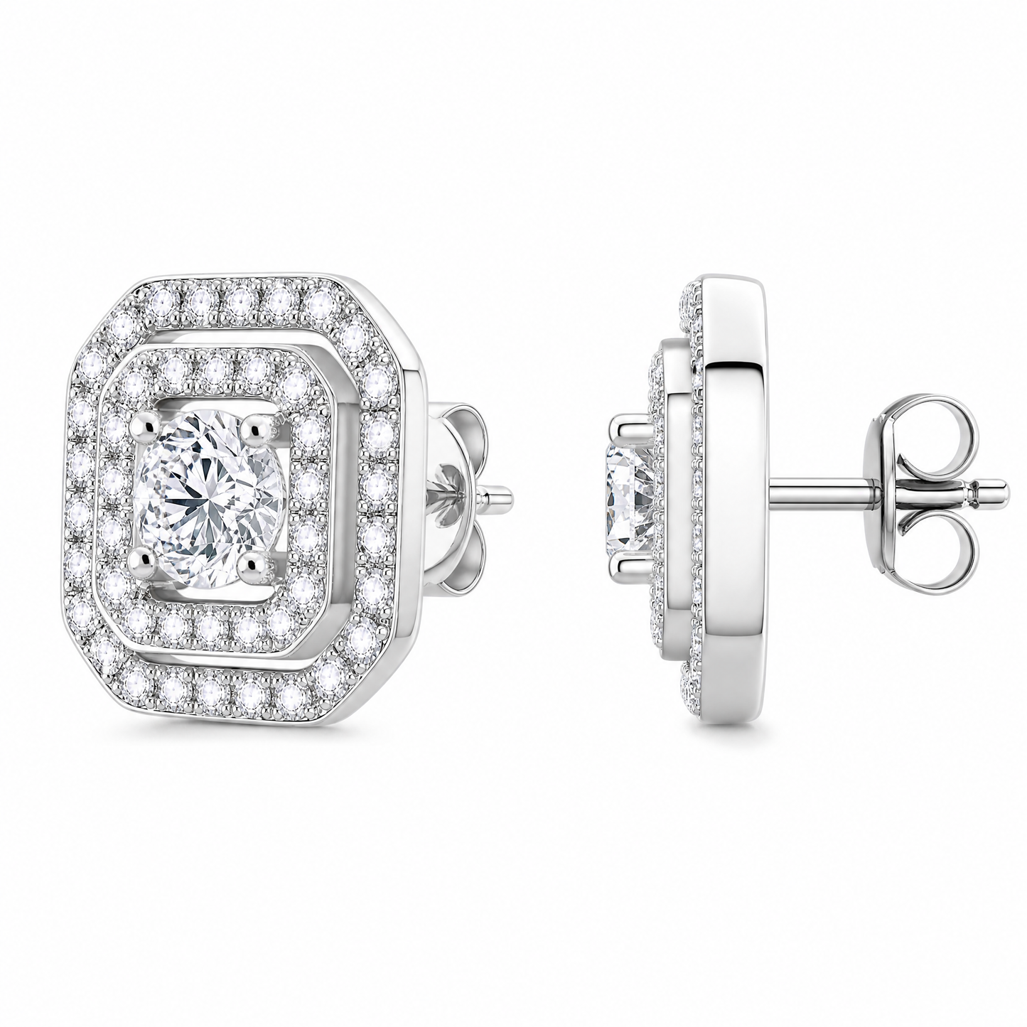 DETE0273W W-2 front and turned view showing the post and butterfly back - round diamond double cushion-halo stud earrings