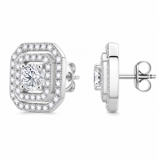 DETE0273W W-2 front and turned view showing the post and butterfly back - round diamond double cushion-halo stud earrings