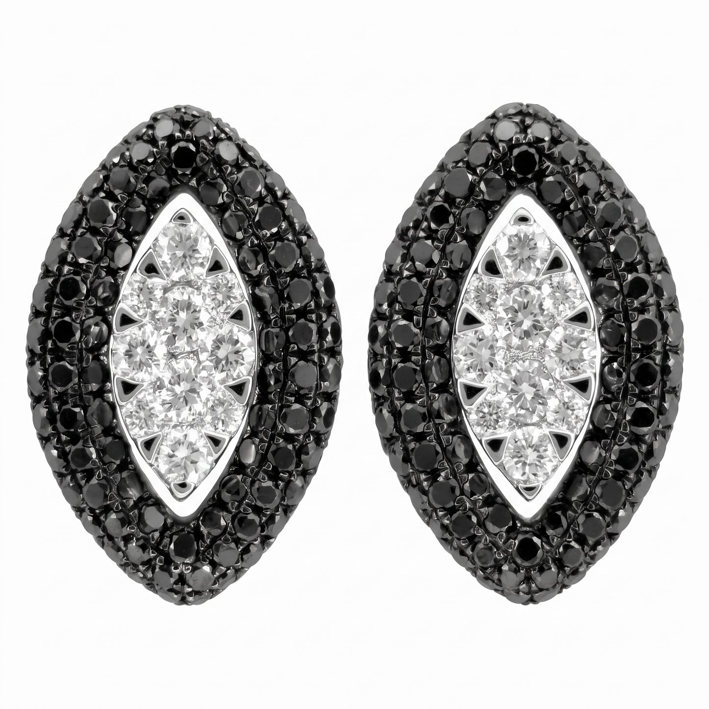 14K white gold black and white diamond marquise stud earrings on a white background