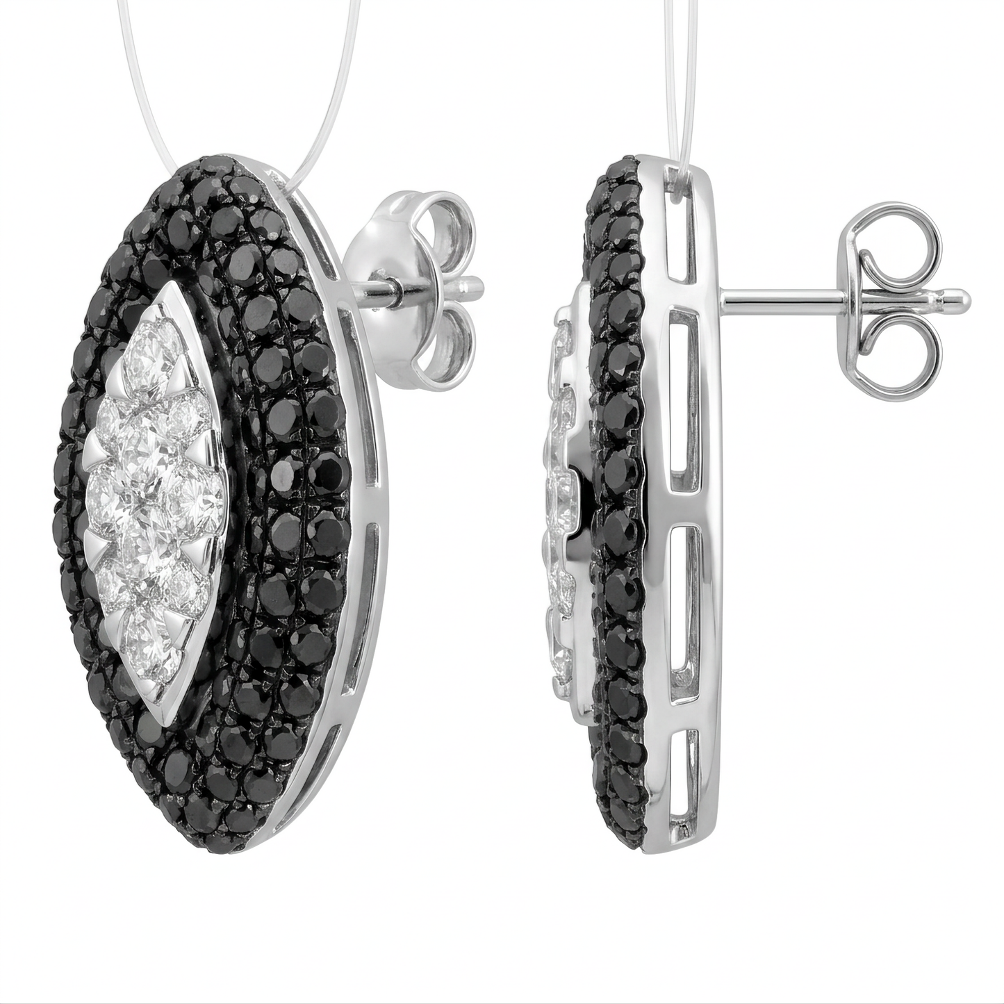 14K white gold black and white diamond marquise stud earrings, angled view showing the post and butterfly back, on a white background