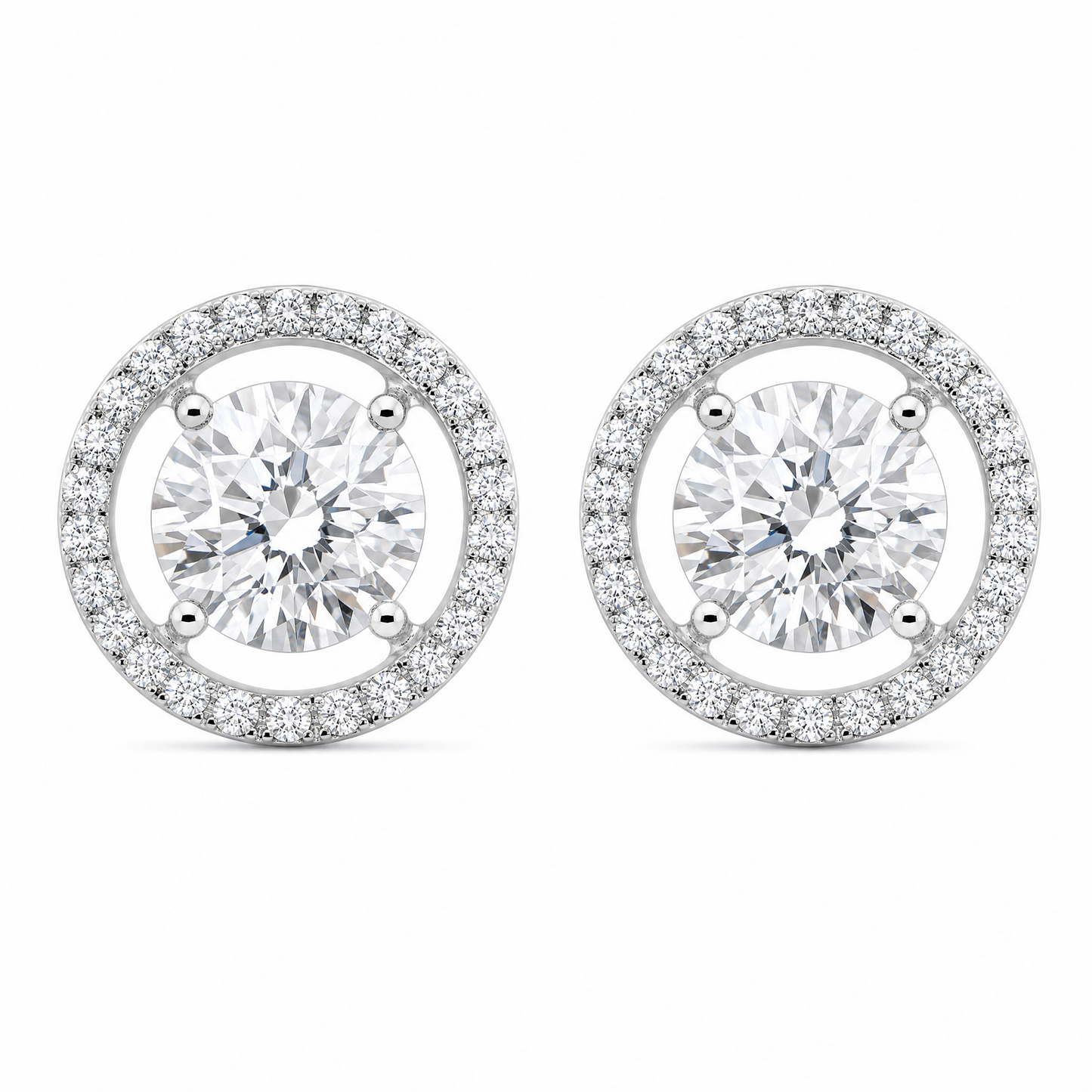 DETE0305W W-1 frontal pair - round diamond solitaire with floating open circle diamond halo stud earrings in 18K white gold